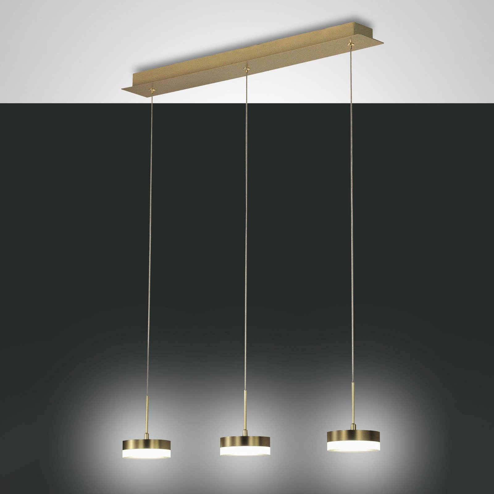 LED pendant light Dunk, brass, 3-bulb, 3,000 K, metal
