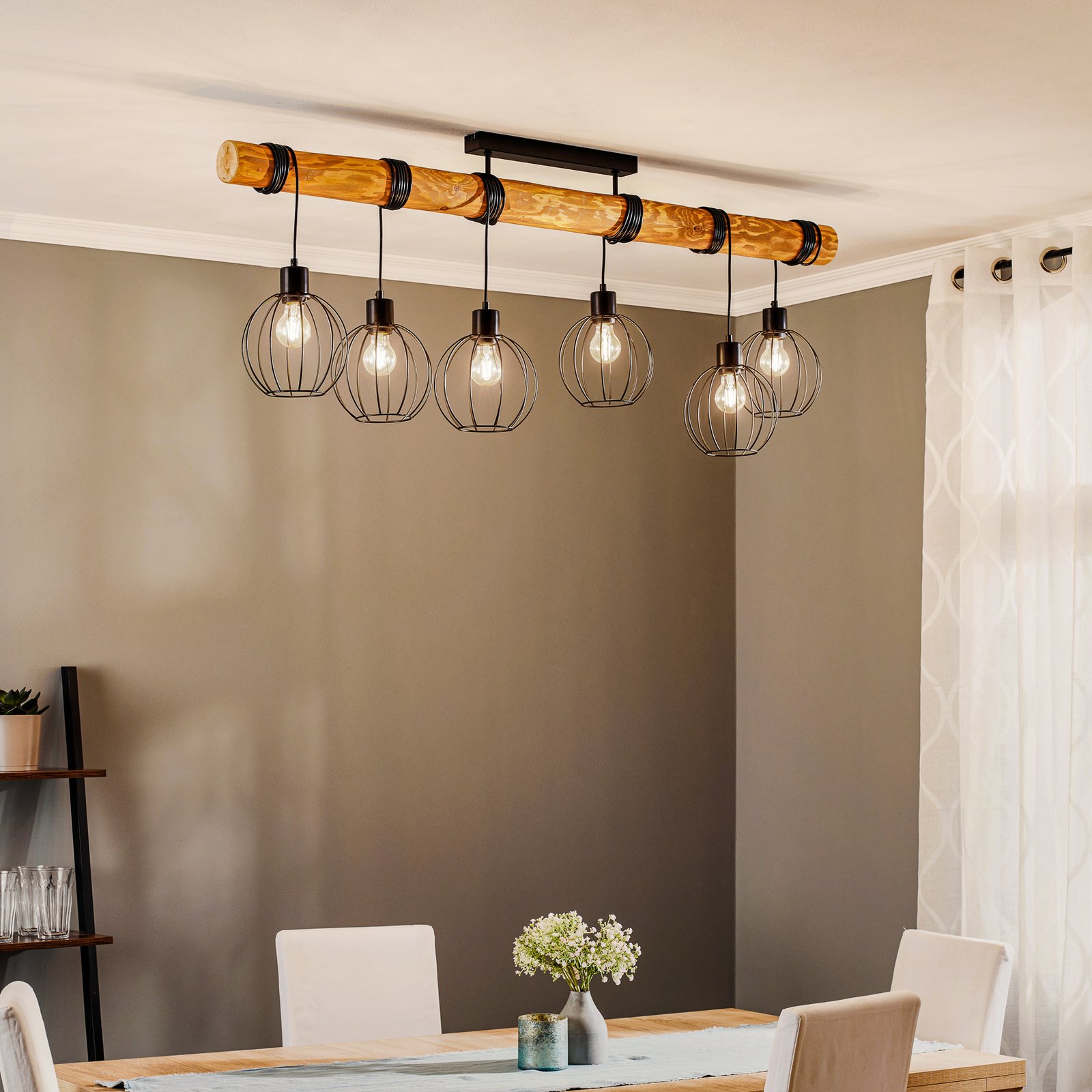 Karou ceiling light, 6-bulb, pine, brown