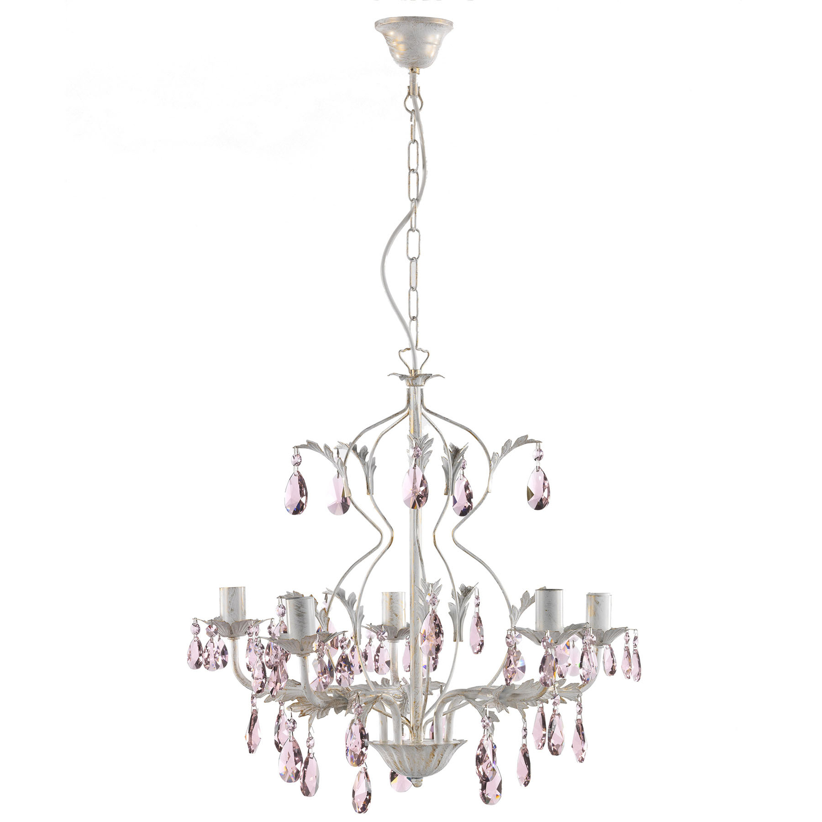 ONLI Kate chandelier, 5-bulb white, pink crystals, for Living / Dining Room, iron, K9 crystal glass, E14, 6 W, energy efficiency: A++