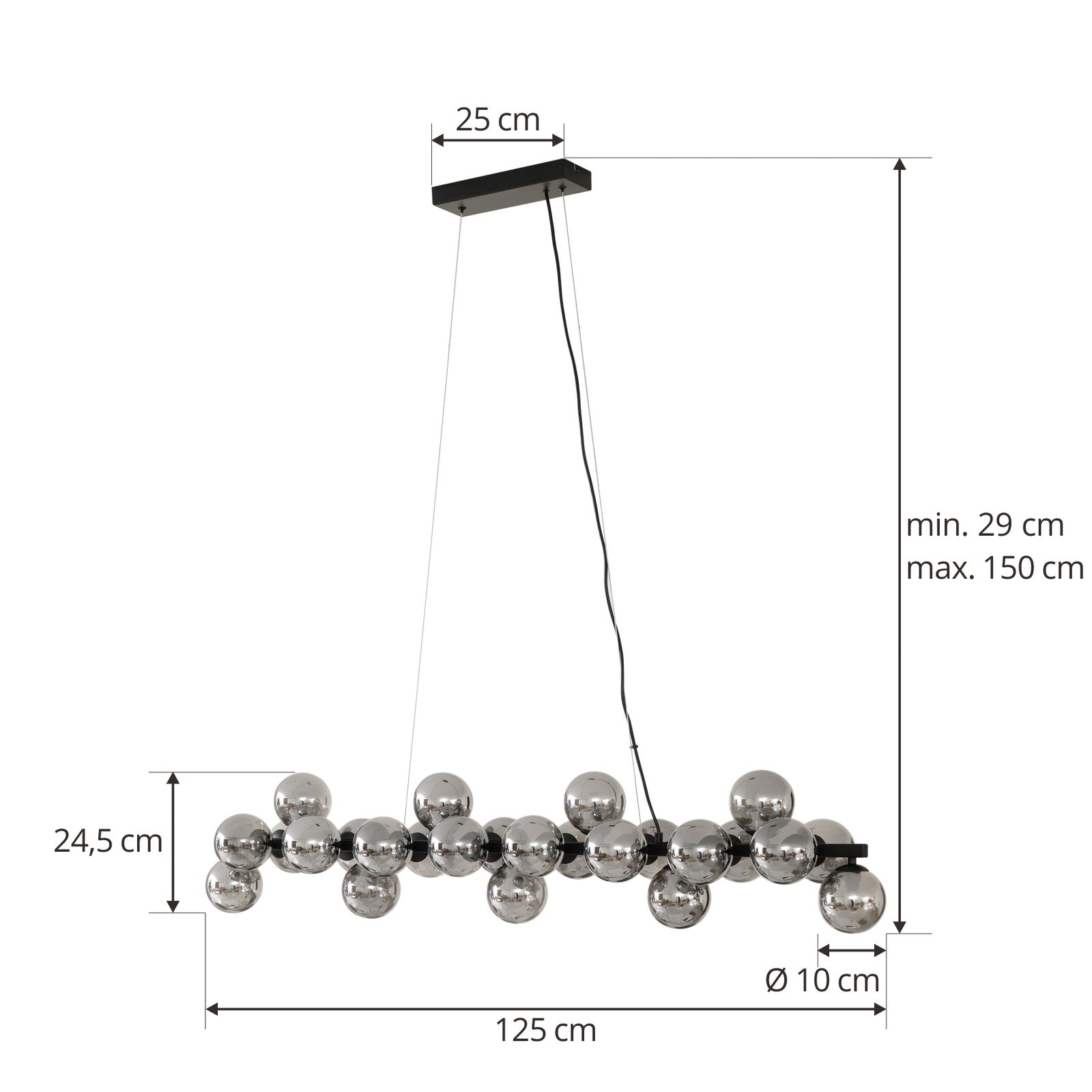 Lucande suspension Naelen, noir/gris, 125 cm, verre, G9