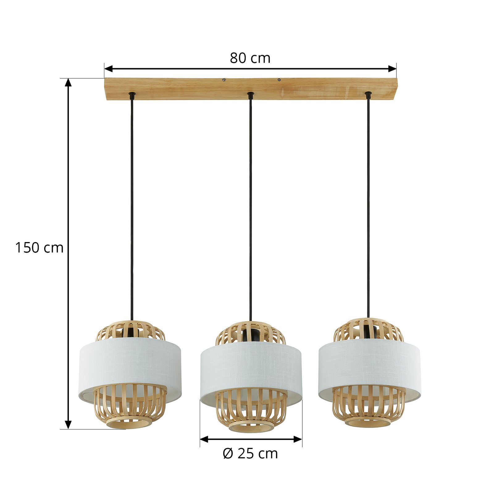 Lindby Suspension Louella, bambou, 80 cm, 3 lampes, E27