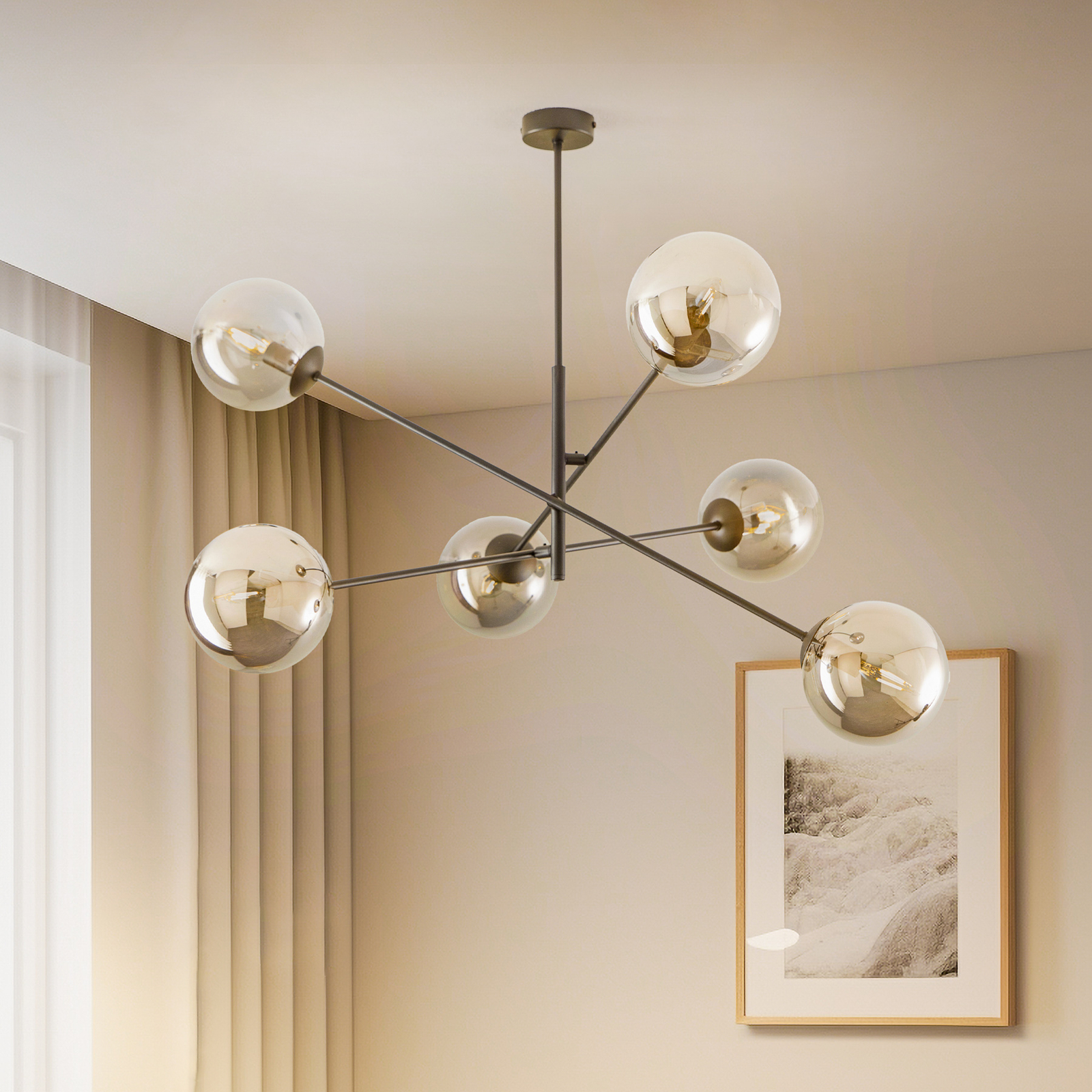 Linear ceiling light, black/graphite, six-bulb
