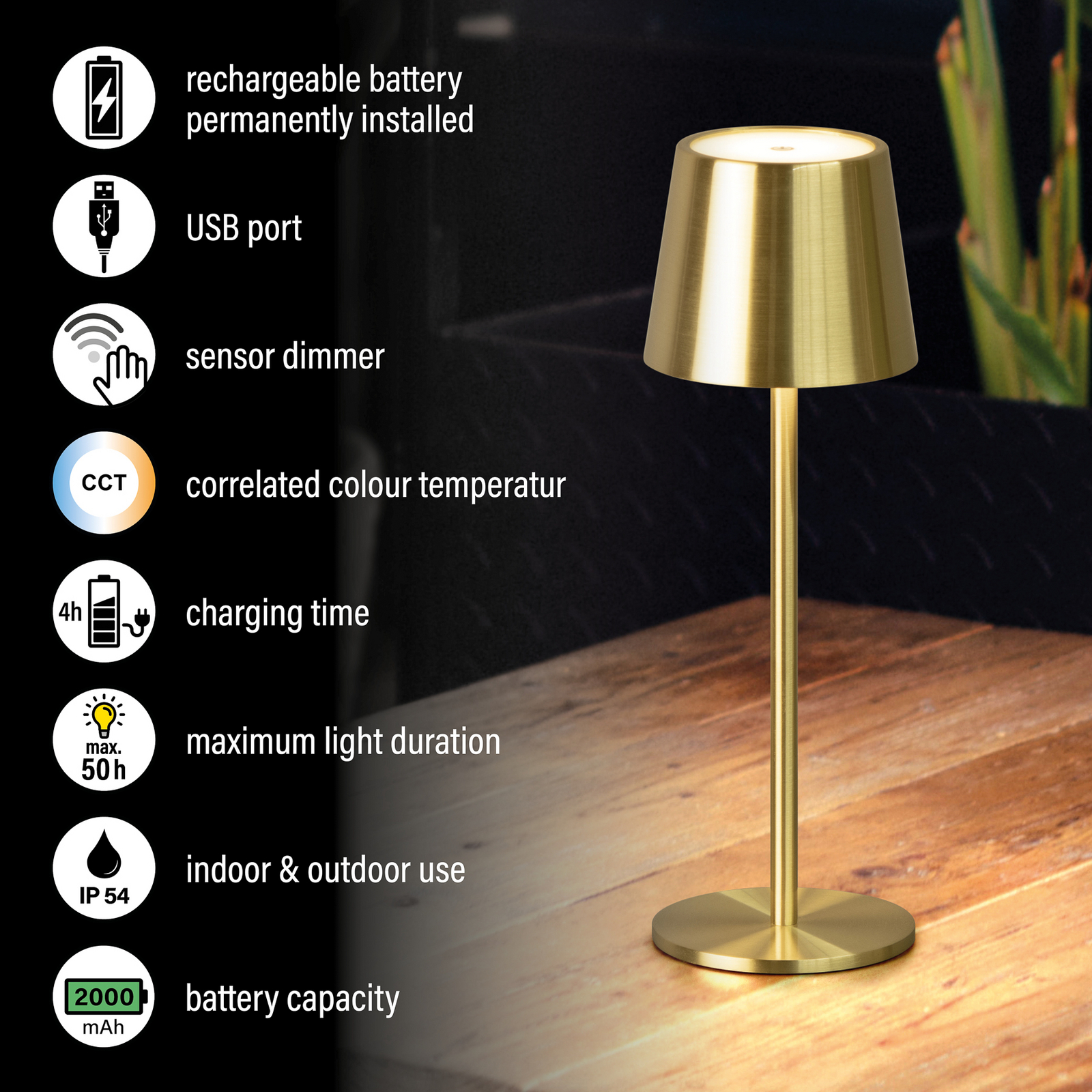 LED-Akku-Tischlampe Roxi, messingfarben, Metall, IP54 Dimmer