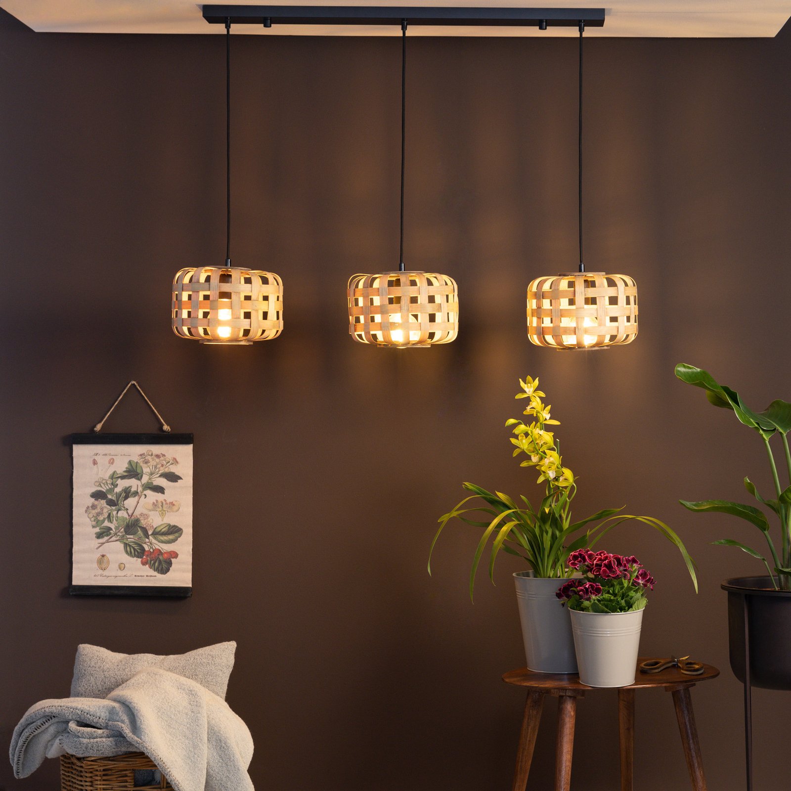 Lámpara colgante Woodline pantallas bambú 3 luces