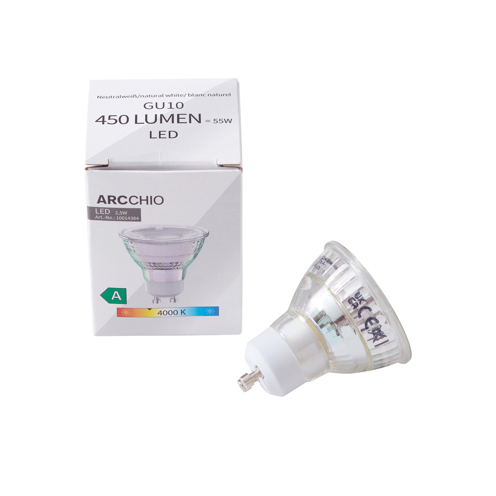 Arcchio LED-pirn GU10 2,5W 4000K 450 luumeni klaasiga