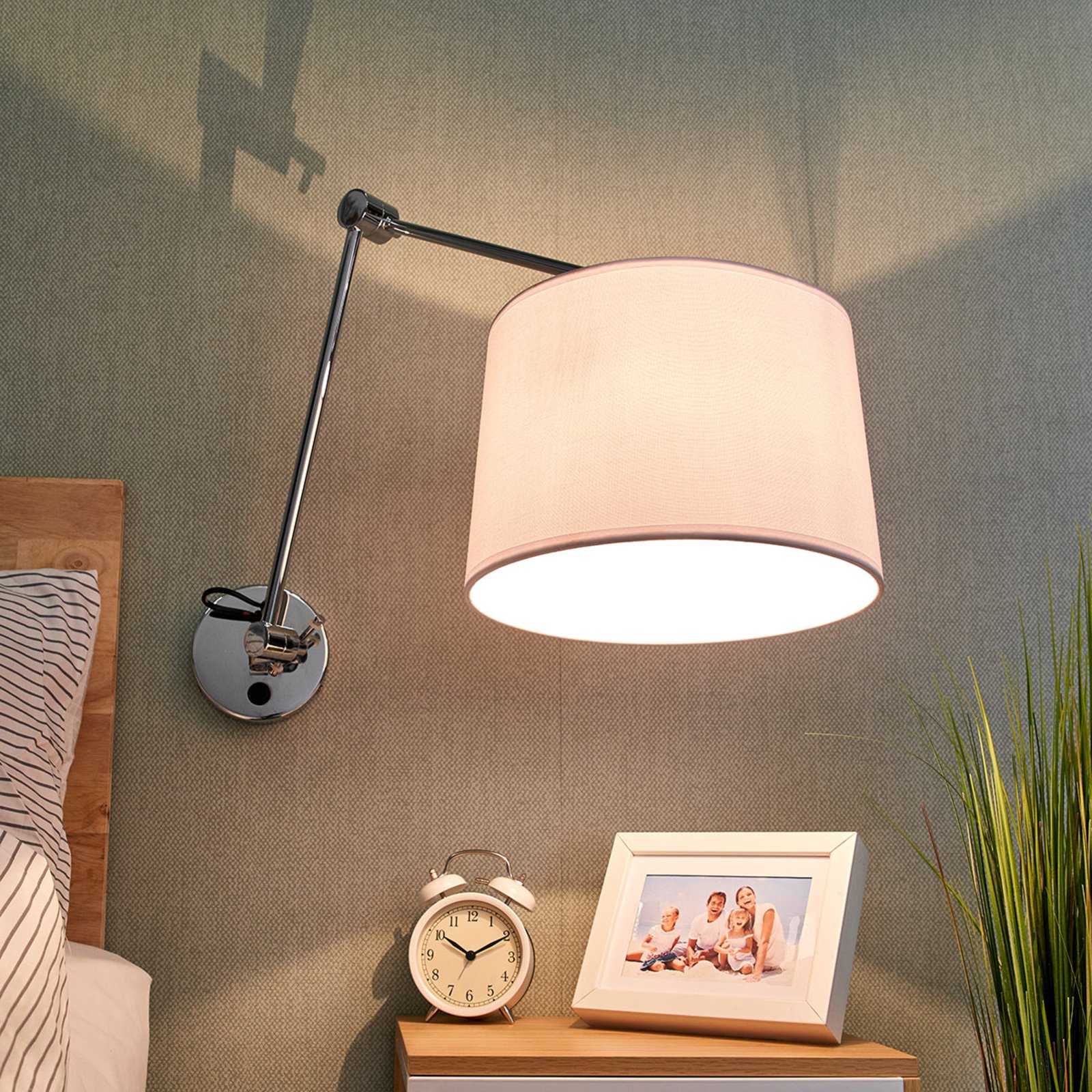 Lucande Fabric wall light Jolla, cantilever arm and switch, for Living / Dining Room, fabric, metal, E27, 60 W, energy efficiency: A++, W: 27.5 cm, H: 57 cm