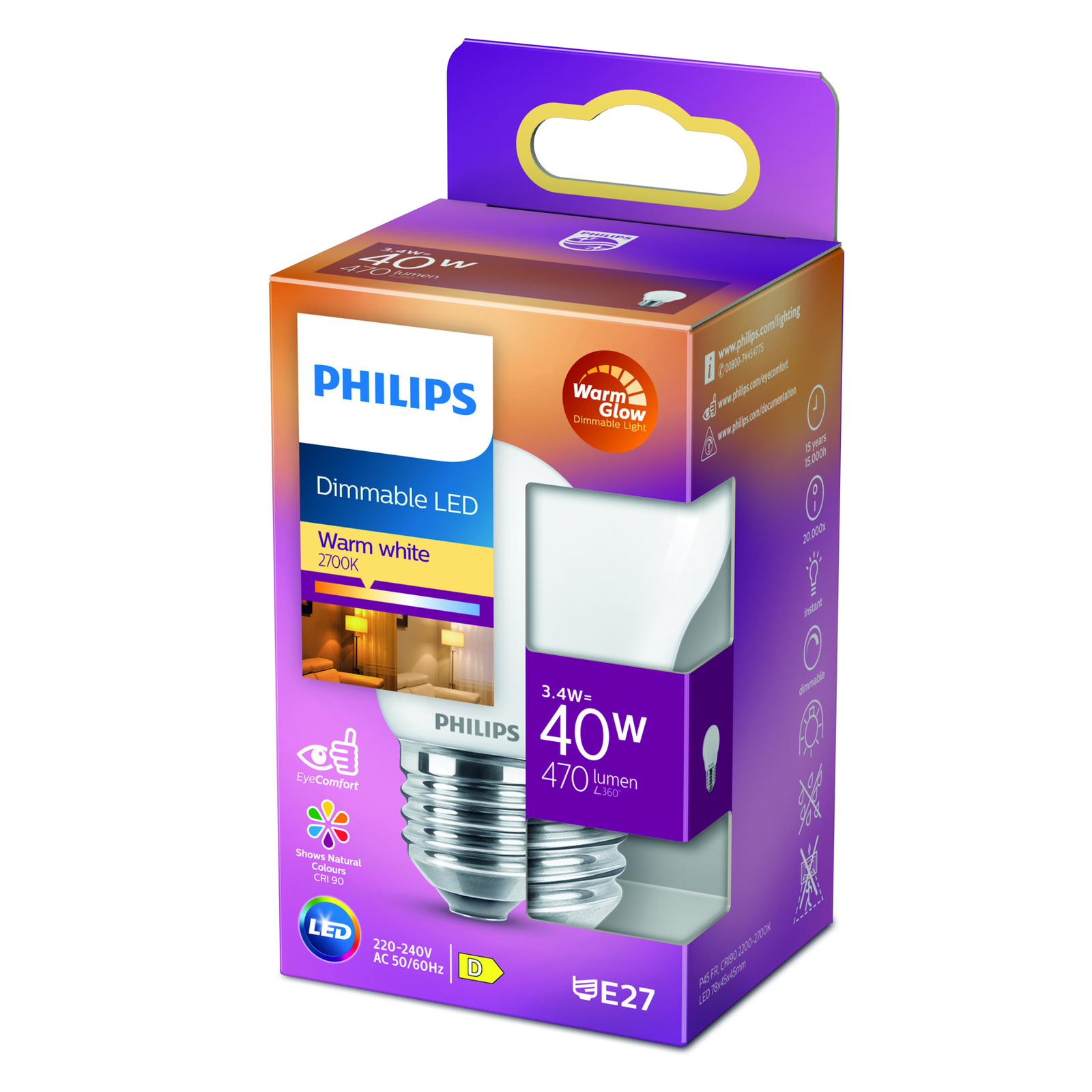 Philips LED Classic WarmGlow E27 P45 3,4 W mate