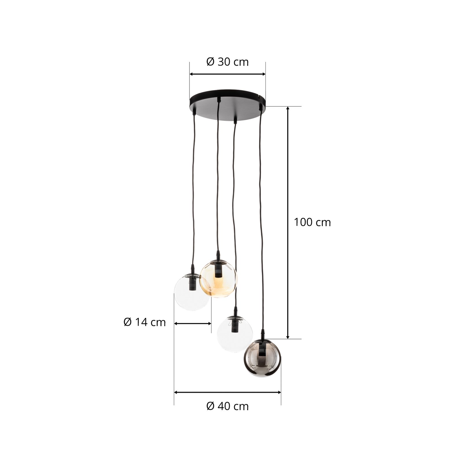 Glassy pendant light, 4-bulb, black, graphite/amber/clear, E14