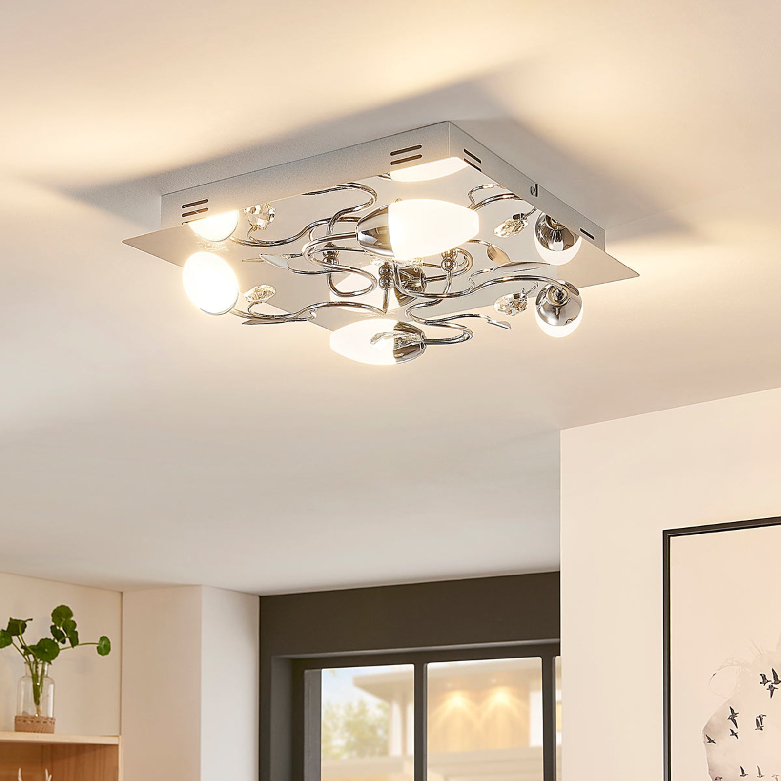 Square, 3-stage dimmable LED ceiling lamp Mischa, Lampenwelt.com, for Living / Dining Room, glass, metal, 2.2 W, energy efficiency: A+, L: 35 cm, W: 35 cm, H: 10 cm