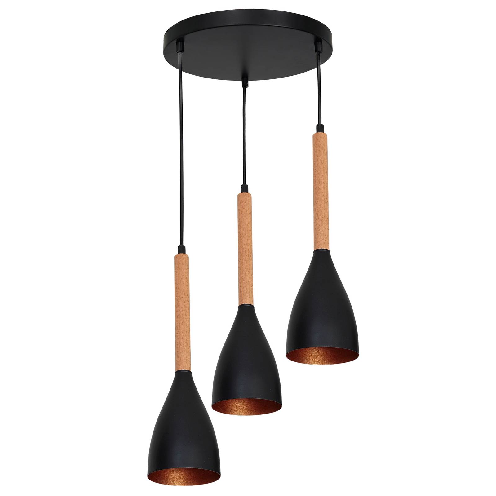 Suspension Muza 3 lampes ronde noir/or/bois clair