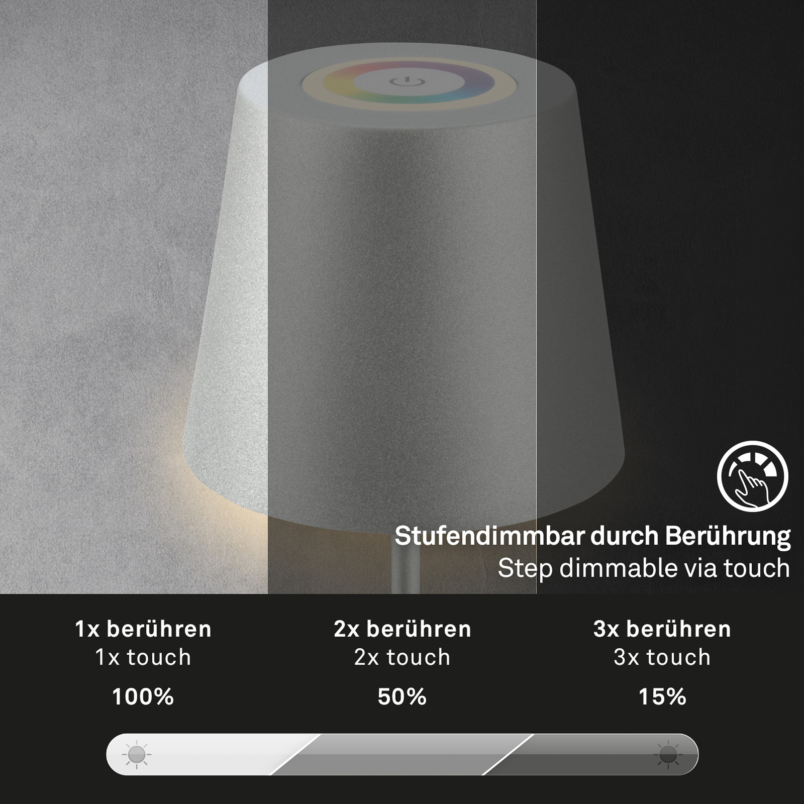 LED-bordlampe 7507015 krom matt RGBW IP44 berøringsdimmer