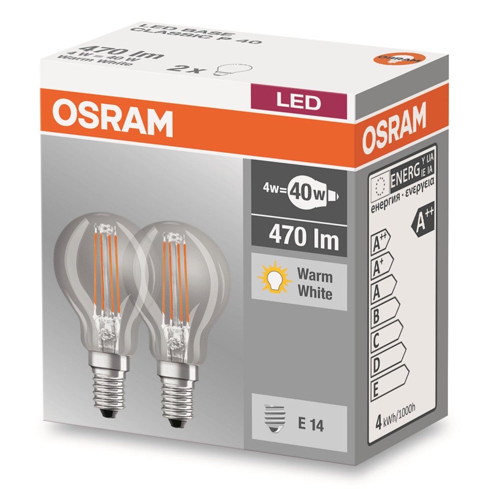 LED-Lampe E14 4W 827 Tropfen Filament 2er-Set 