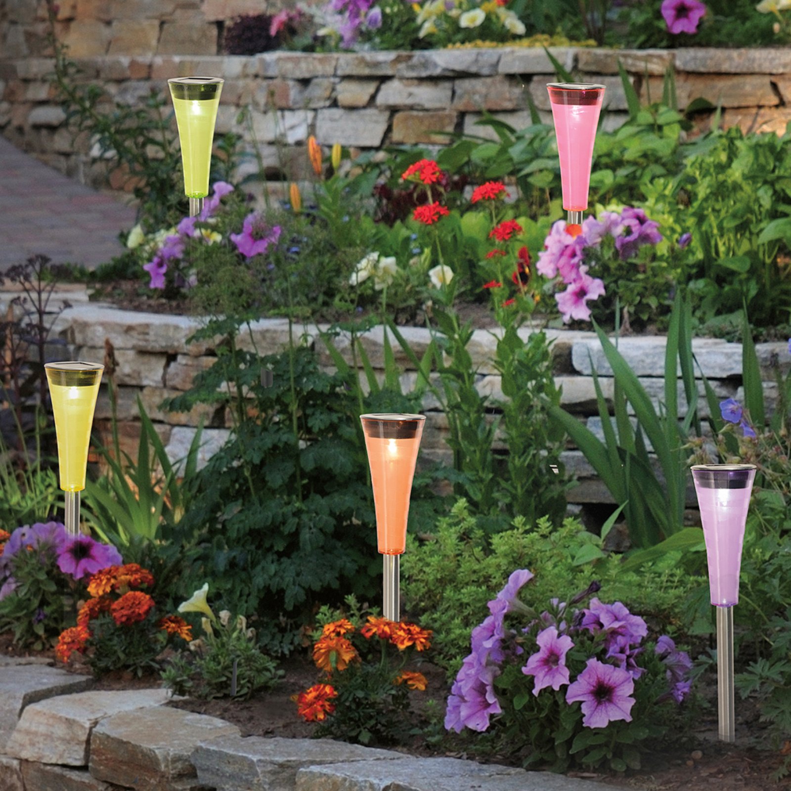 Colorato – 5 colourful LED solar ground spikes