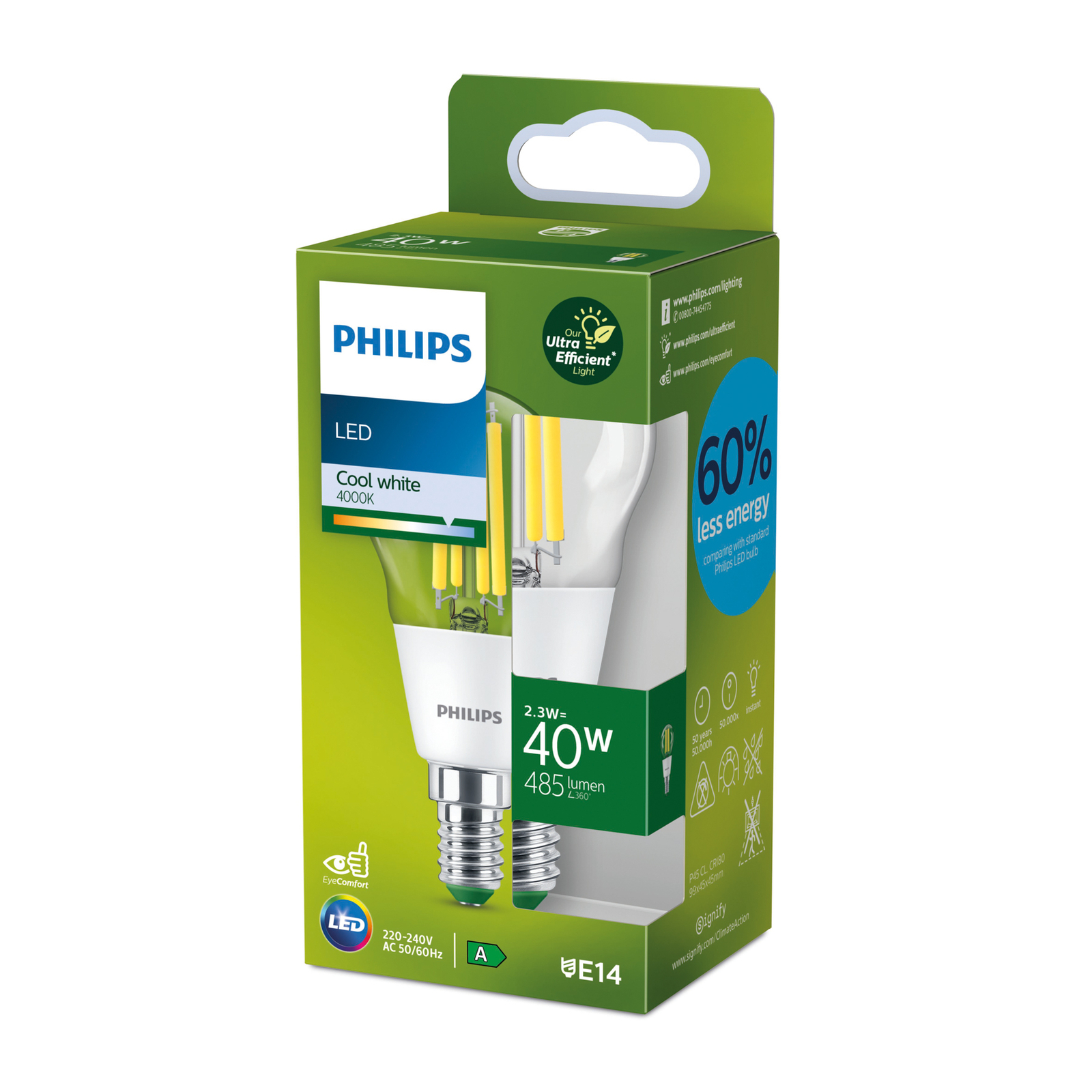 Philips E14 LED lamp G45 2,3W 485lm 4.000K helder