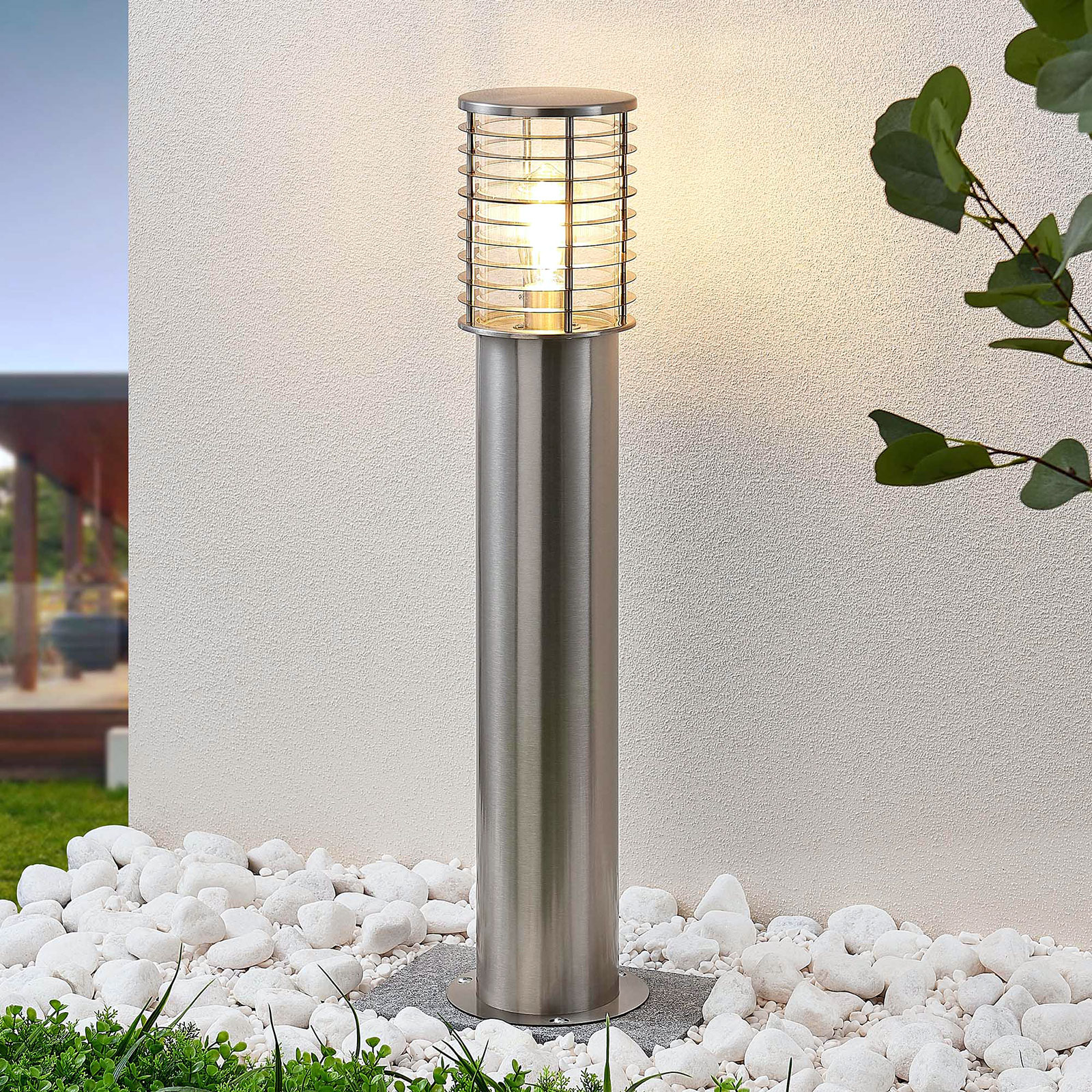 Lindby Bollard light Finnegan made of stainless steel, stainless steel, polycarbonate, E27, 20 W, energy efficiency: A++, H: 80 cm