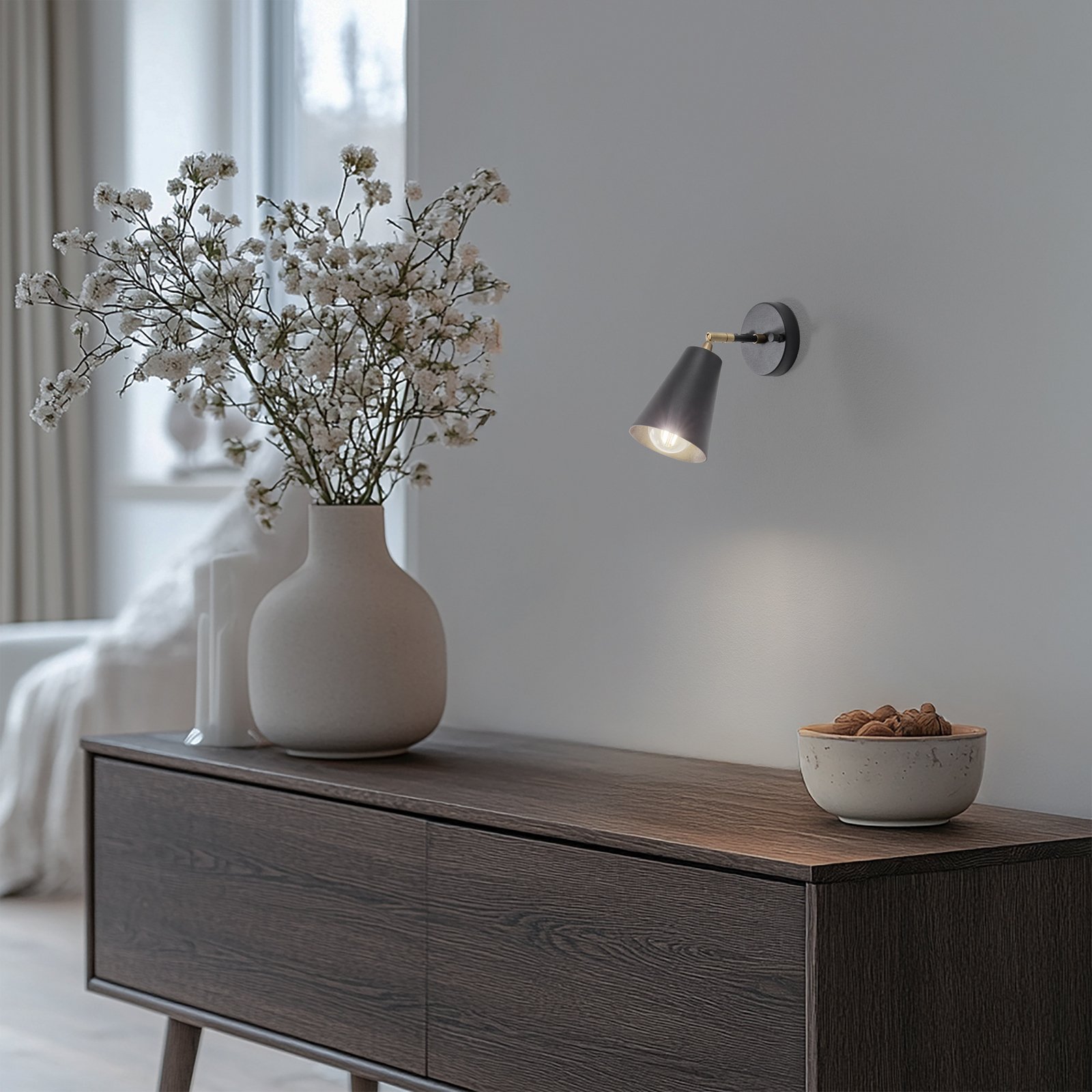 Zidna svjetiljka Evander, crno/zlatna, metalna, visina 21 cm, E27