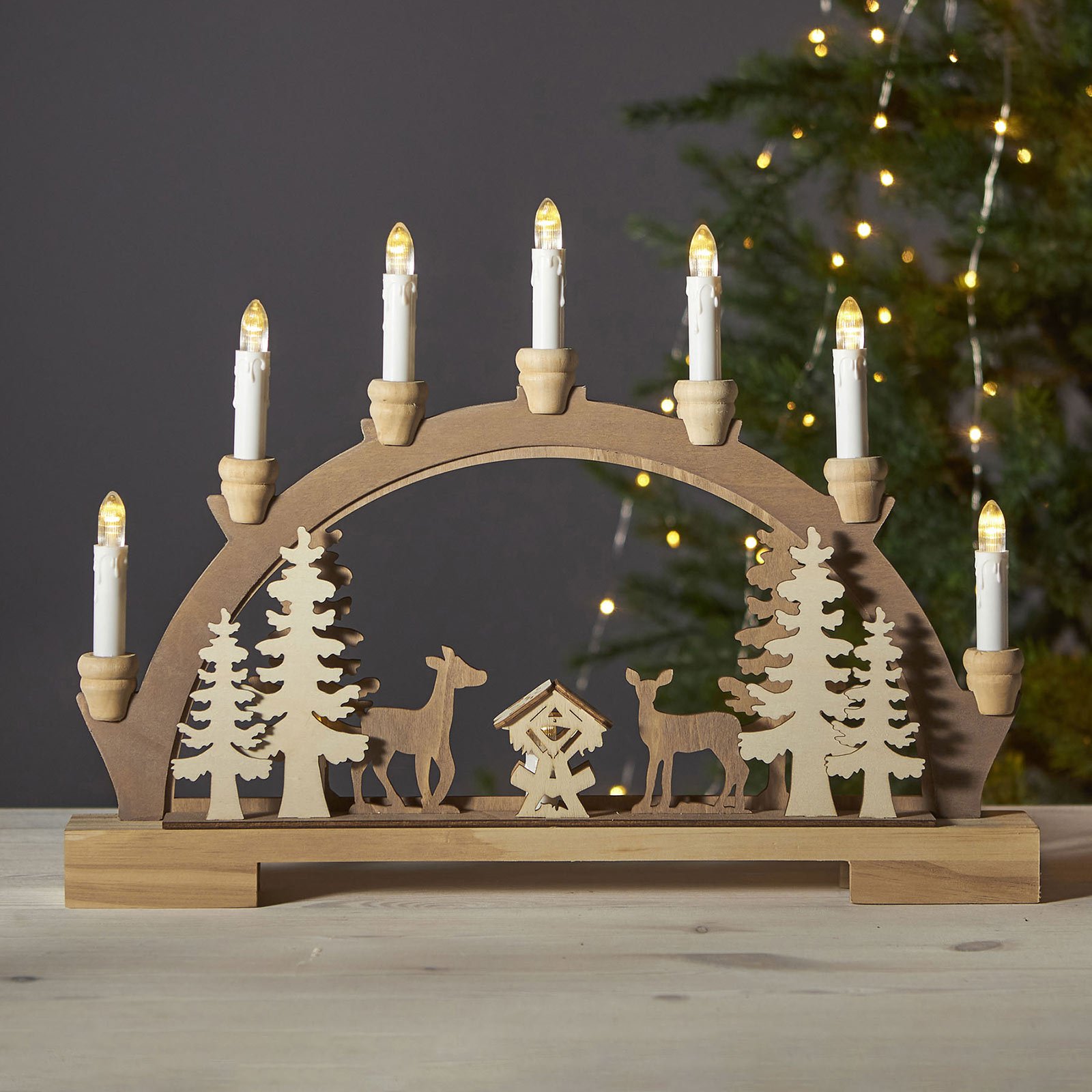 Fauna LED candle arch, light and dark wood