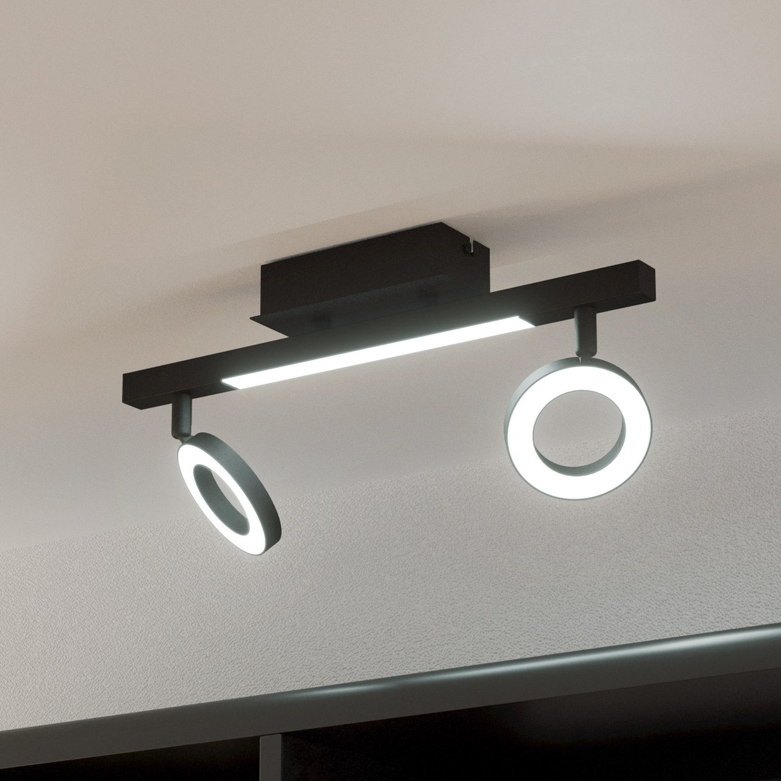 Spot plafond LED Cardillio 2 noir, deux anneaux