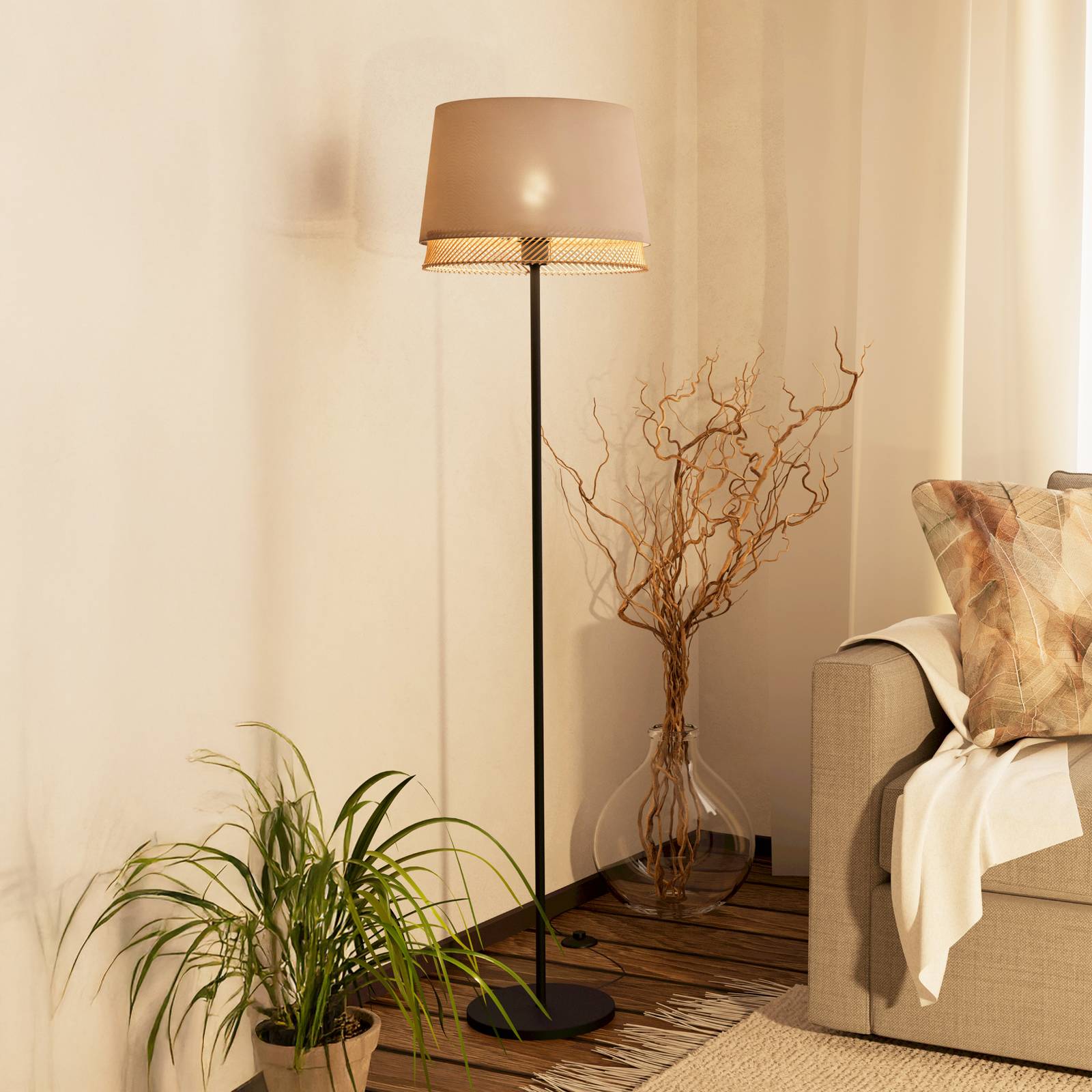 EGLO Stojací lampa Tabley, černá/přírodní barva, výška 153 cm, látka