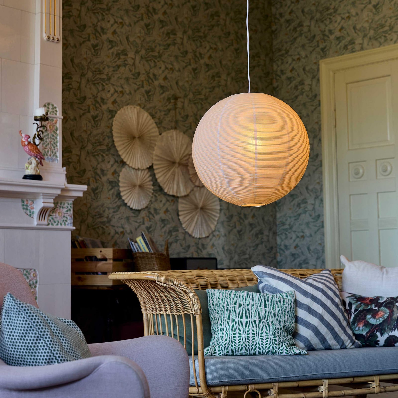 Haru pendant light, beige, Ø 50 cm, paper, E27, white cable