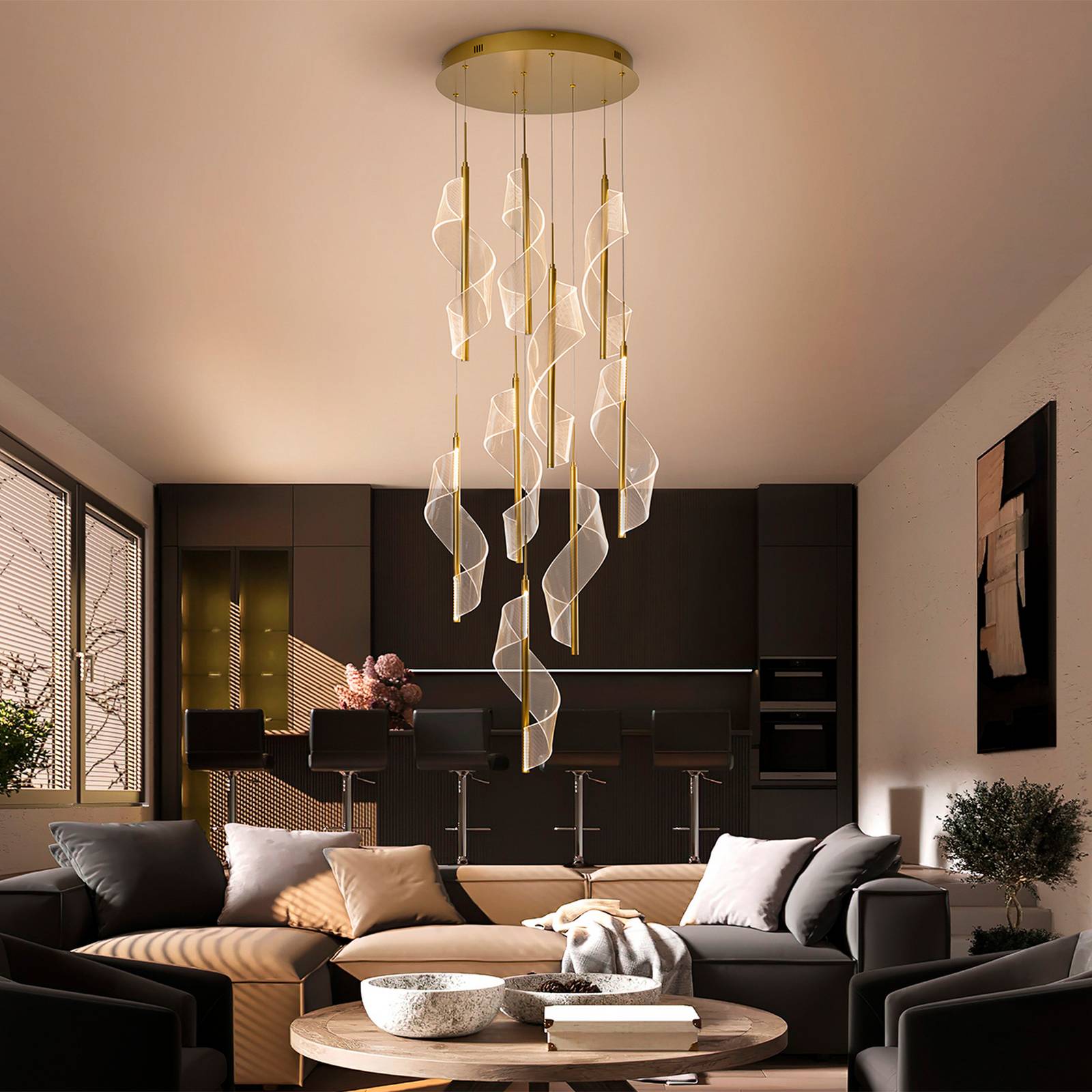 Lampa wisząca LED Velas 9-punktowa, kolor złoty, metal, tworzywo sztuczne