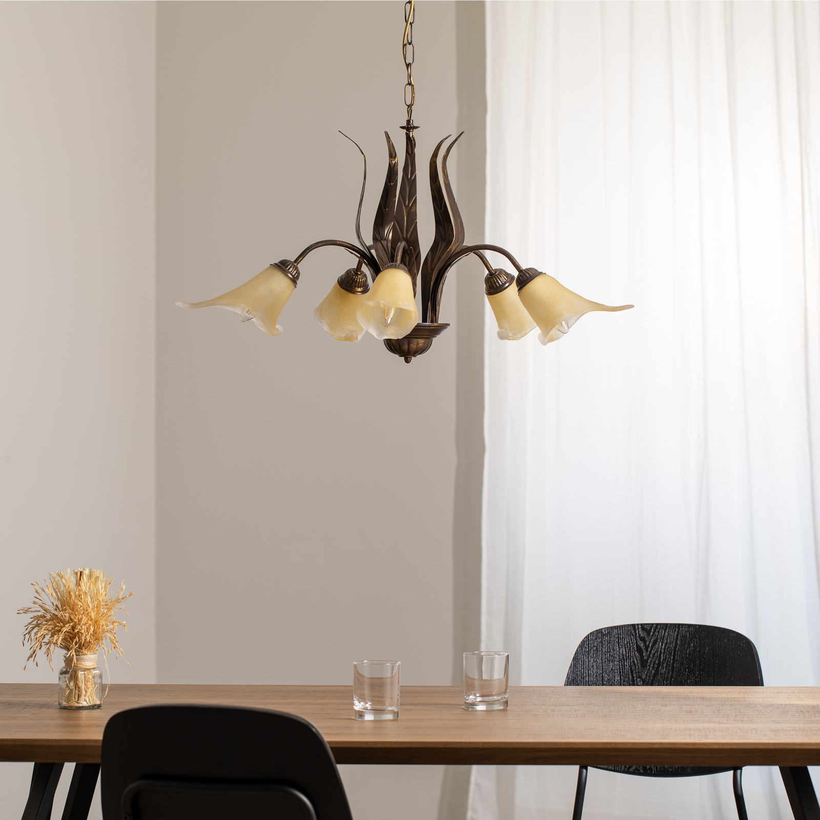 Hängeleuchte Alga, 5-flammig, Eisen, Glas, Florentiner
