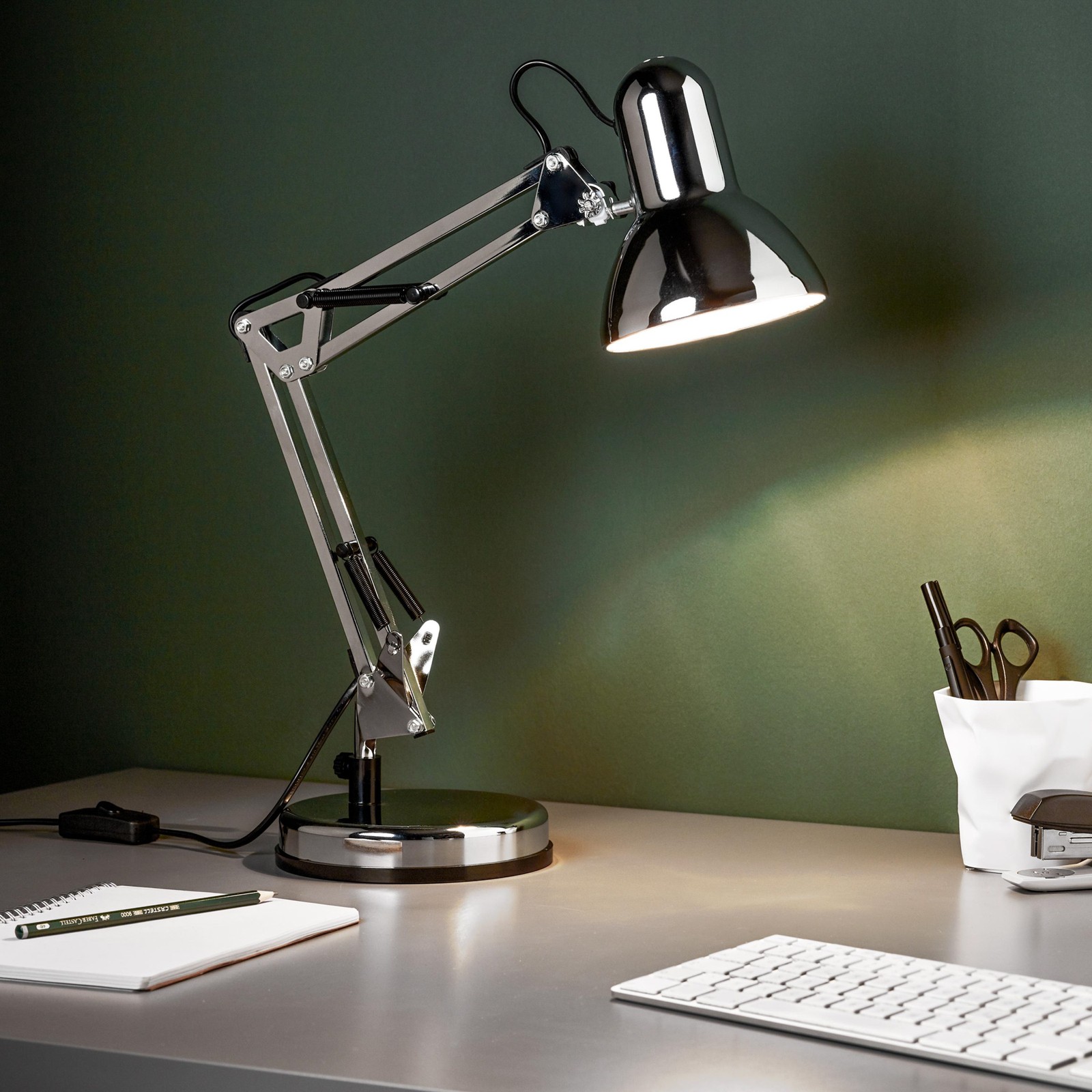 Lampe de bureau Henry, chrome, hauteur 50 cm, réglable
