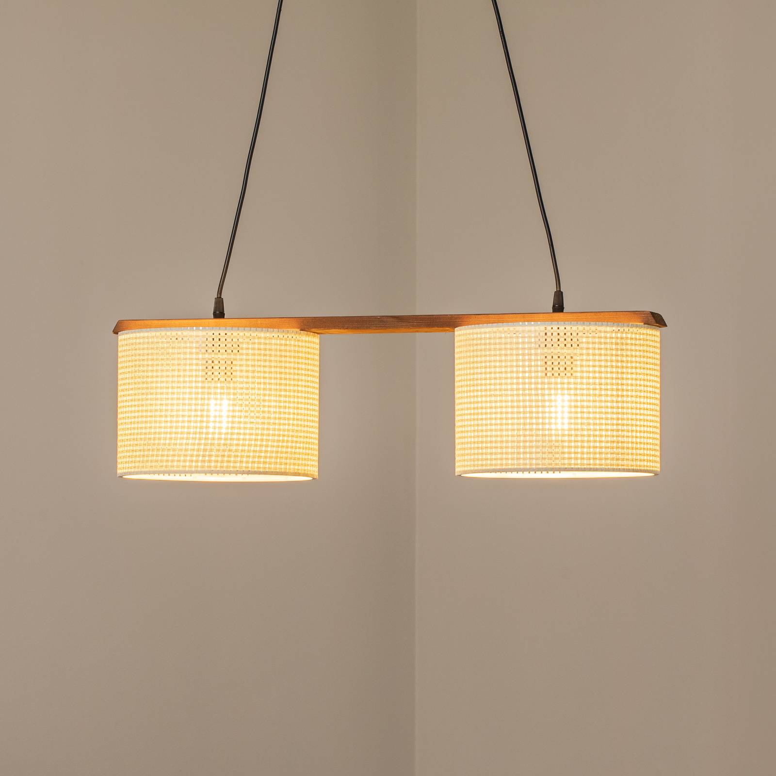 Hängeleuchte Zigana, weiß gemustert, 2-flammig, Stoff, Holz günstig online kaufen