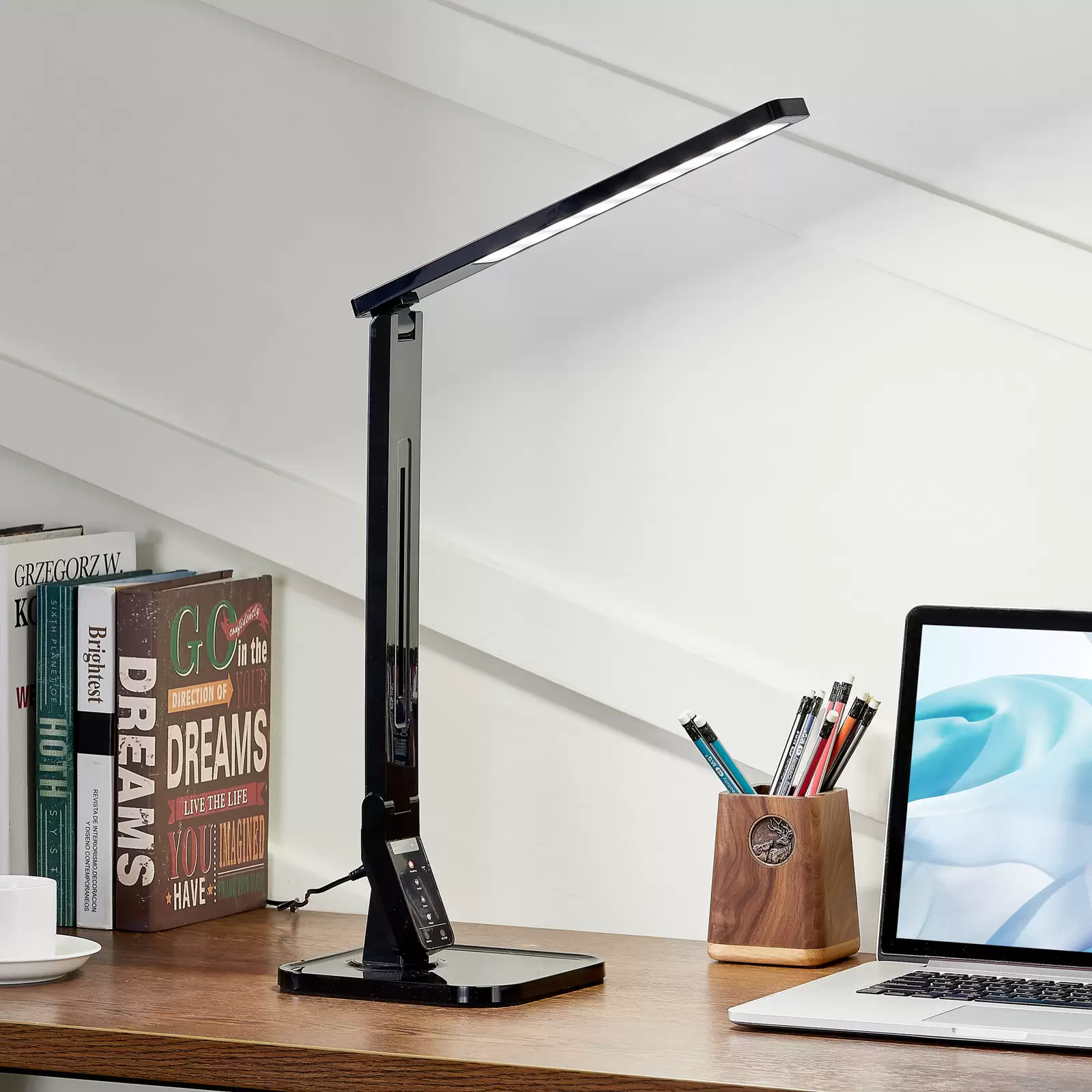 Lampe de bureau design blanche avec LED et variateur tactile - Eleni