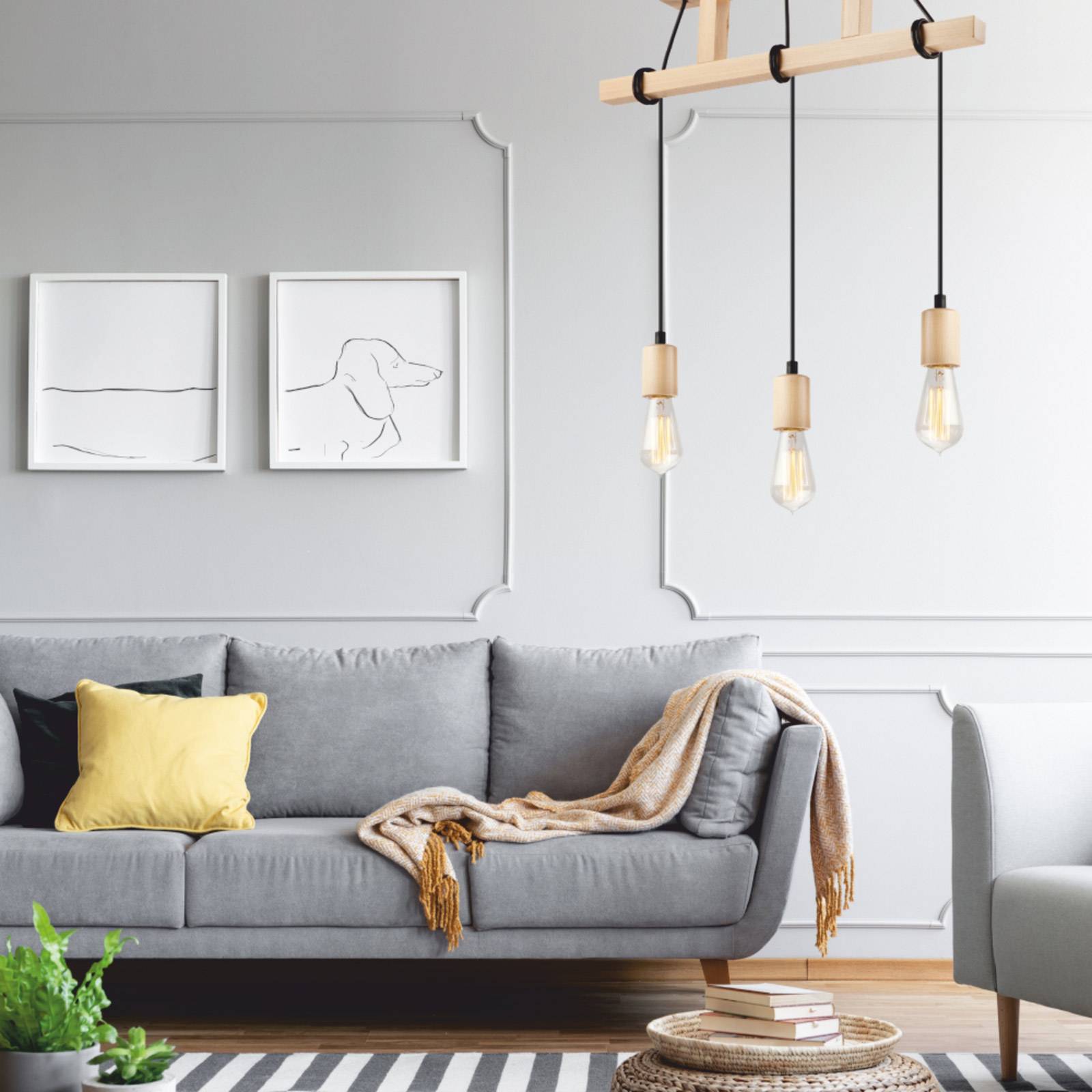 Tyske hanging light, wood, 3-bulb, natural