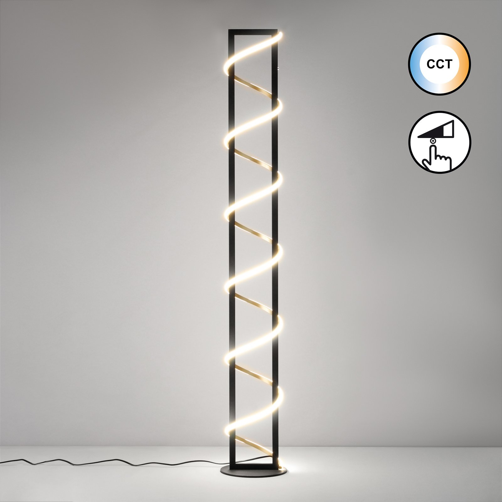 Talna svetilka LED Gwen, črna/zlata, kovinska, CCT, zatemnljiva Talna svetilka LED Gwen, črna/zlata, kovinska, CCT, zatemnljiva