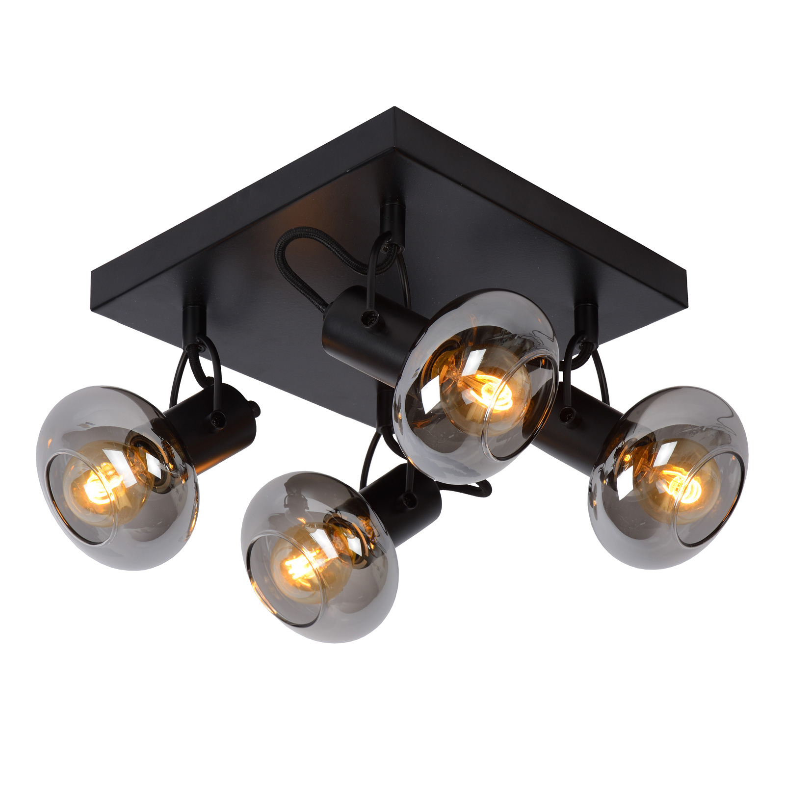 Lucide Madee ceiling spotlight, black/smoke, four-bulb, for Living / Dining Room, metal, glass, E14, 25 W, energy efficiency: A++, L: 23 cm, W: 23 cm, H: 18 cm