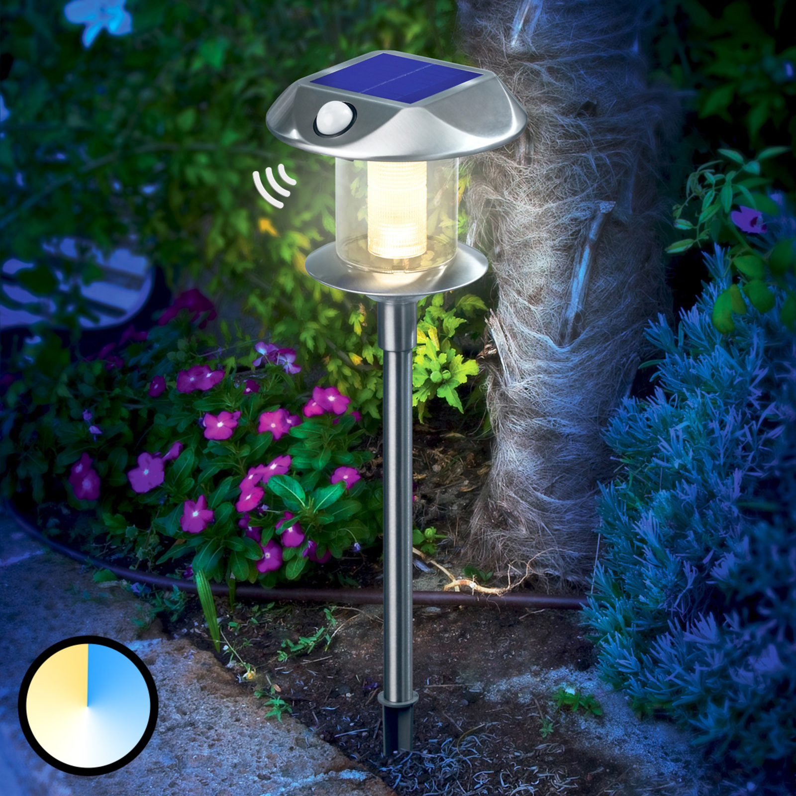 Esotec Solar light Sunny PIR, variable luminous colour, stainless steel, 0.25 W, energy efficiency: A+, H: 50 cm