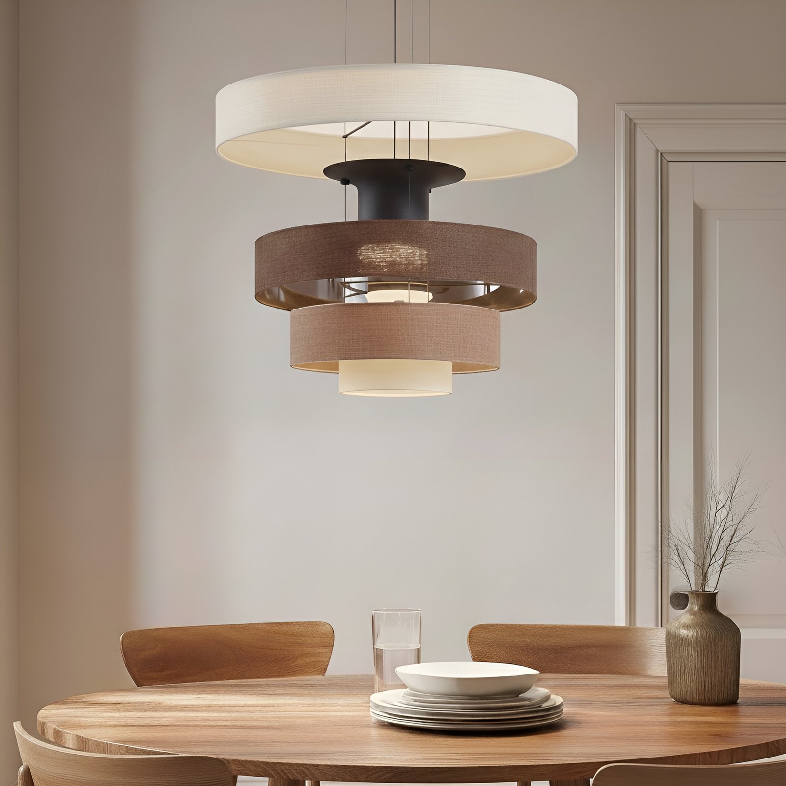 Lucande LED-riippvalgustid Peldano, Ø50 cm pruun/beež, astmeliselt reguleeritav