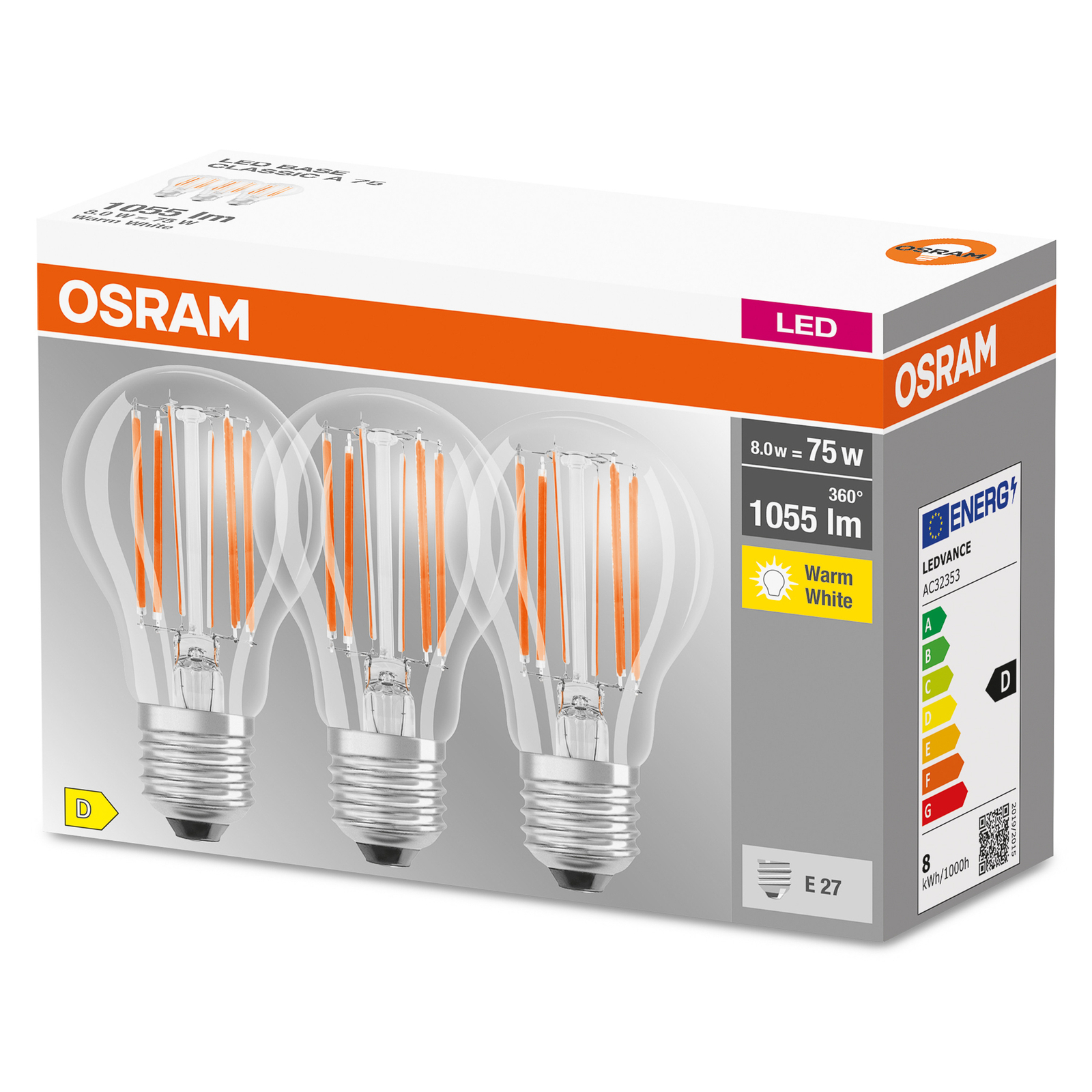 OSRAM LED-filamentpære E27 Base 7,5 W 2 700 K 3-er
