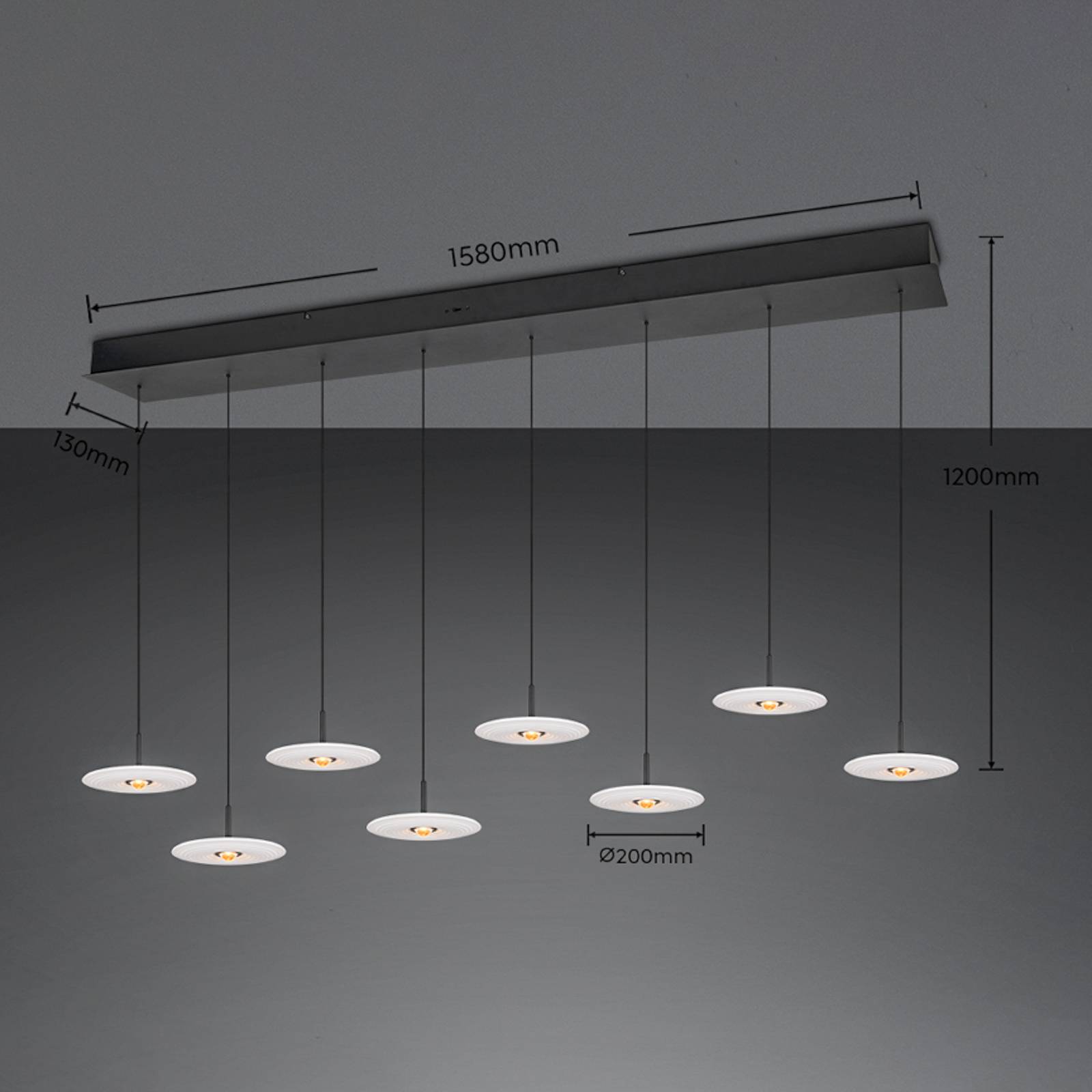LED-hengelampe Sirena, hvit, lengde 167 cm, glass, CCT, 8 lyskilder.