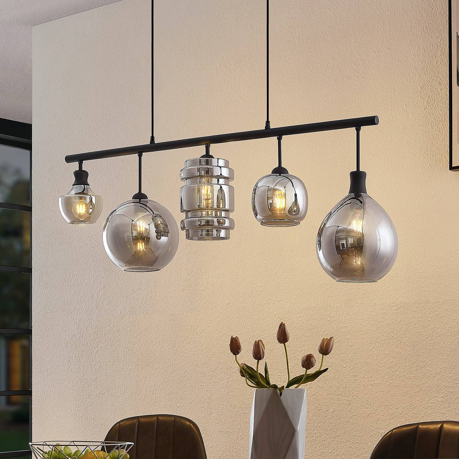 Lindby Mateno suspension verre 5 lampes gris fumée