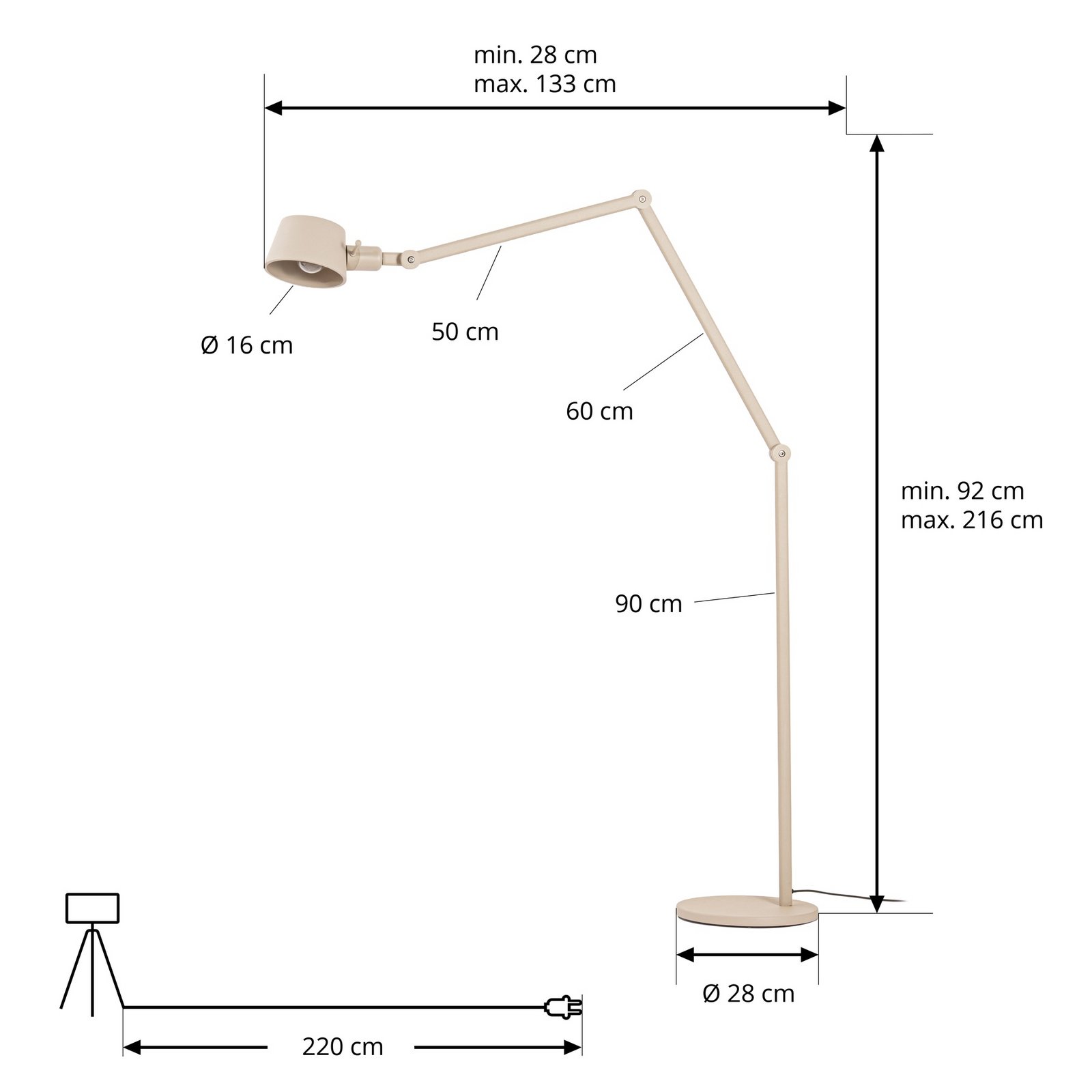 Silka vloerlamp, 216 cm, beige, verstelbaar, E27 - Lucande
