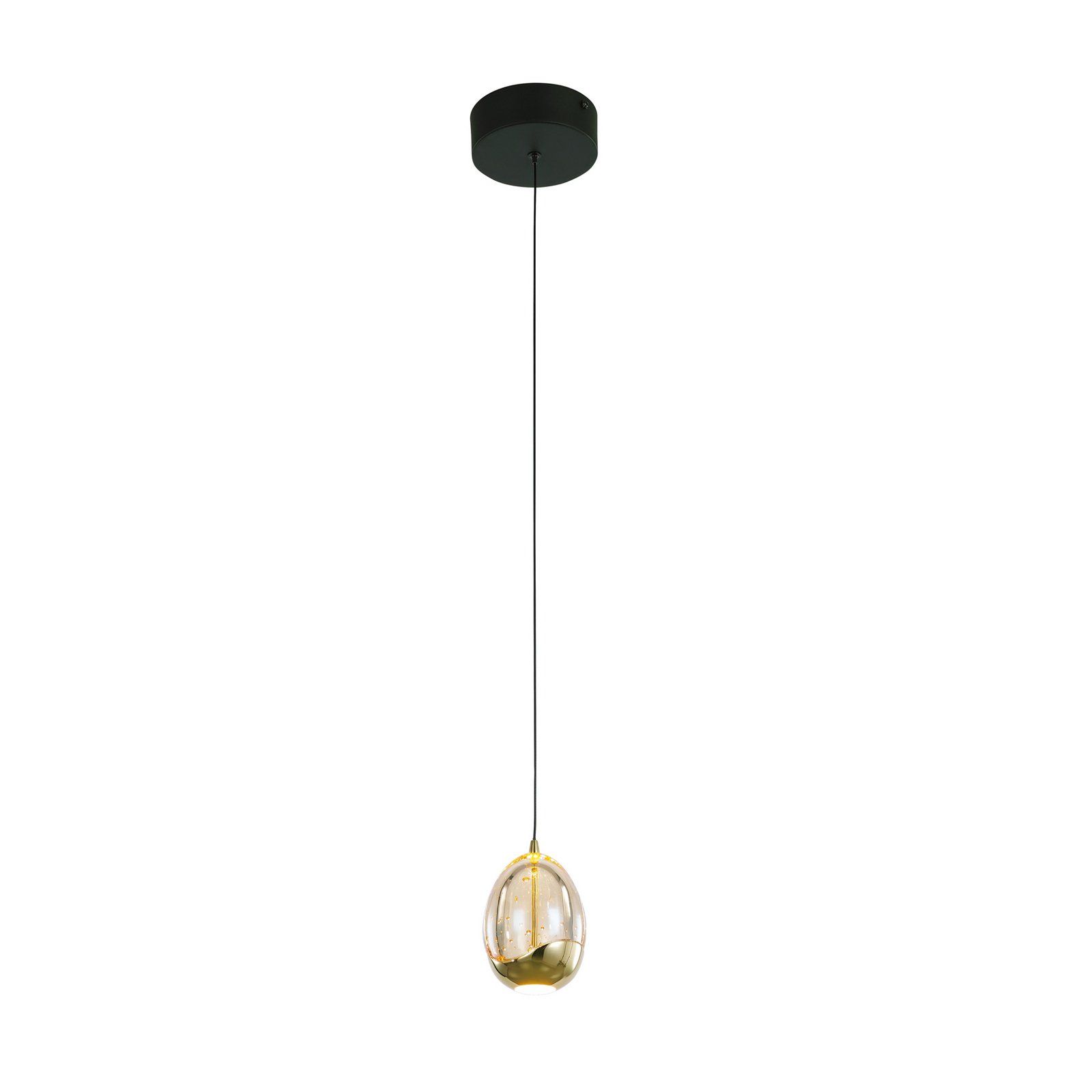 Candeeiro suspenso Golden Egg, âmbar/dourado, Ø 13 cm, vidro/metal