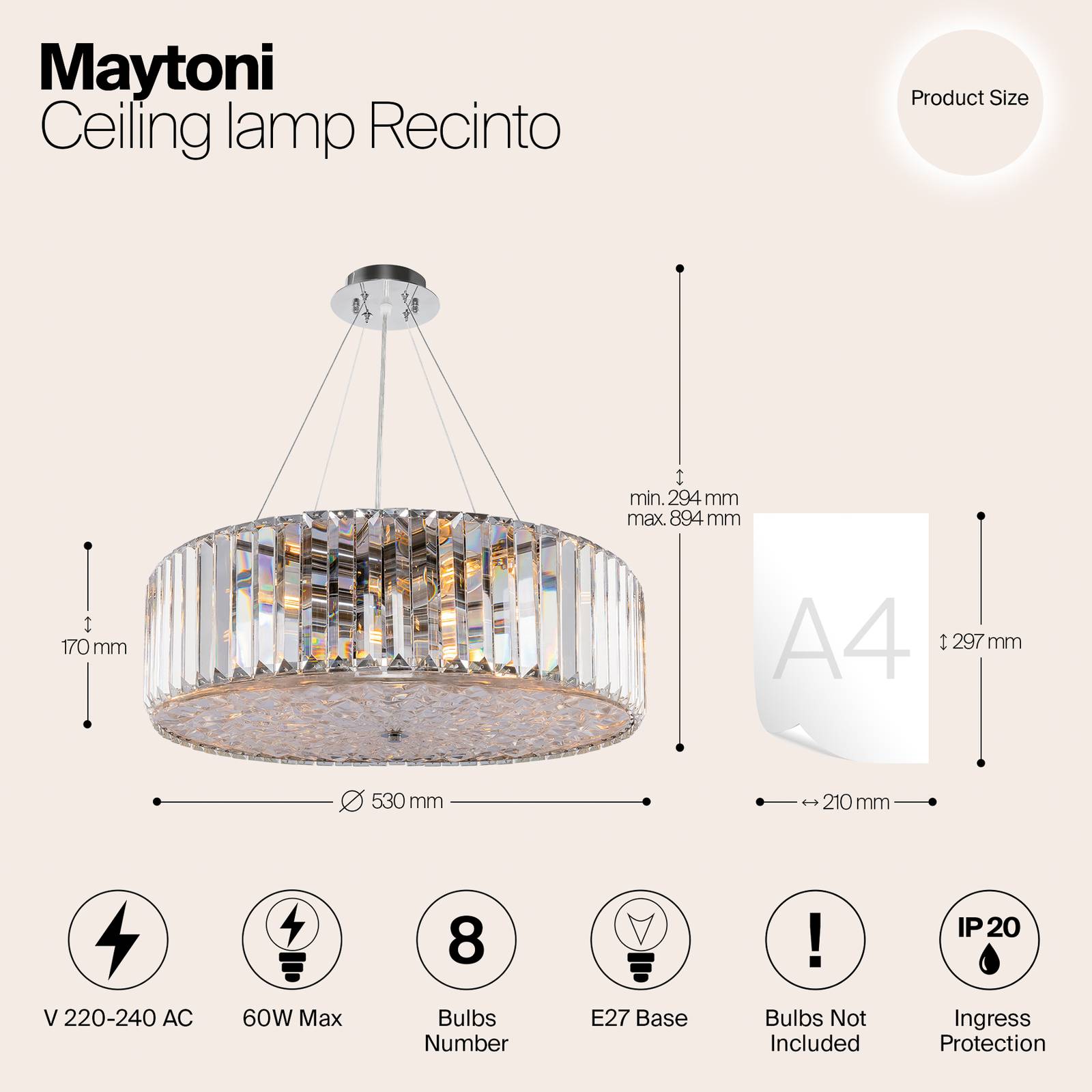 Lampa wisząca Maytoni Recinto, Ø 53 cm, szkło, 8 x E27