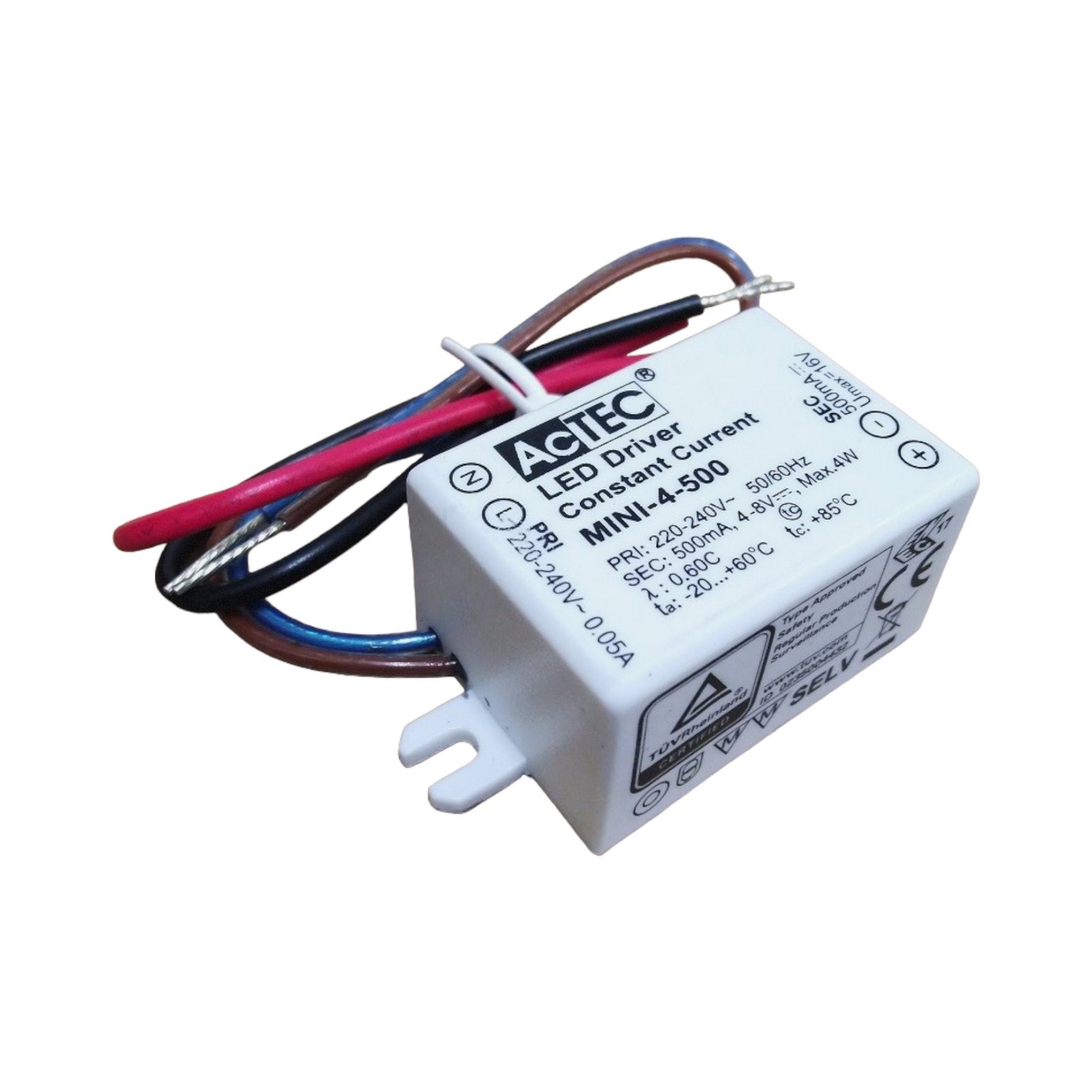 AcTEC Mini transformador LED CC 500mA, 4W, IP65