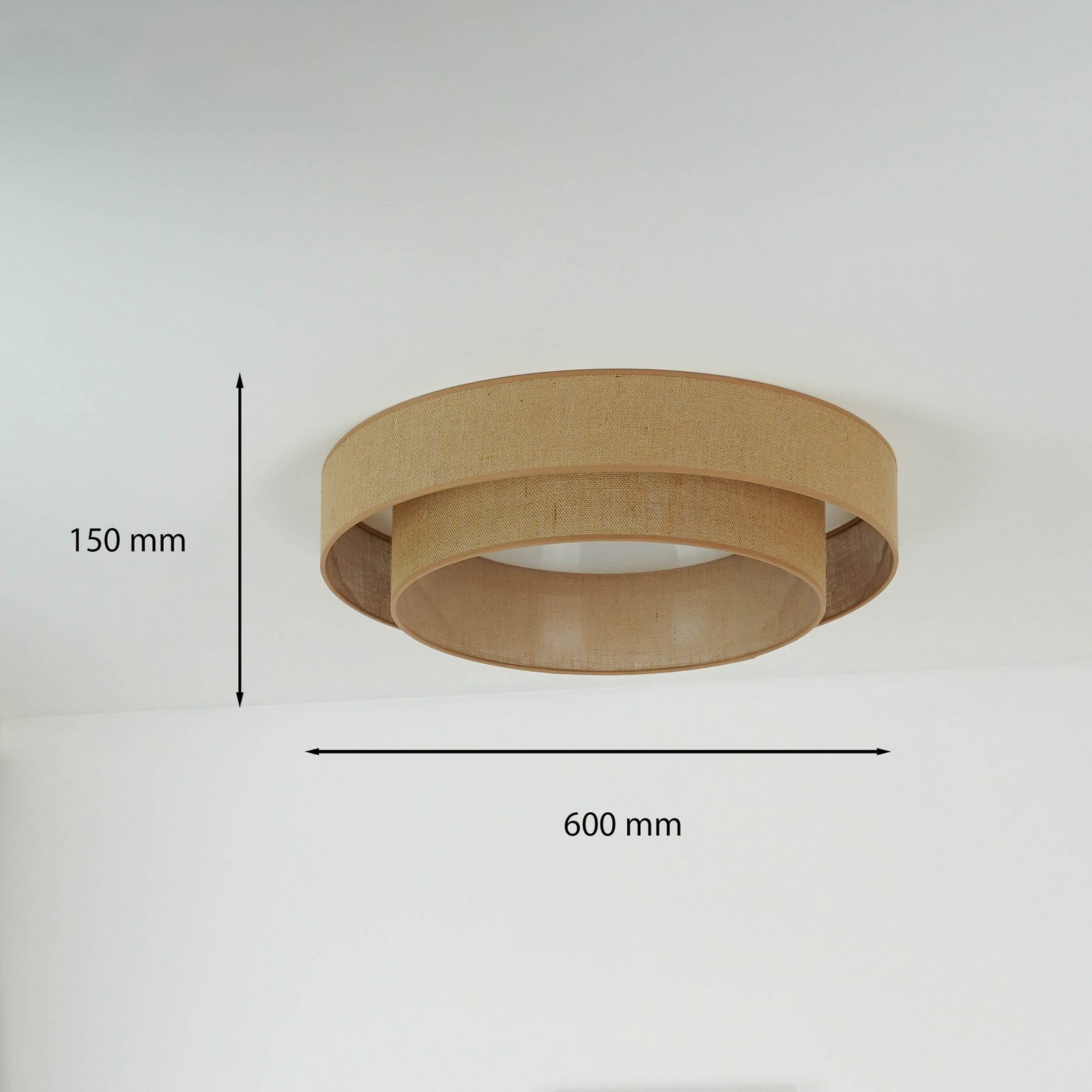 LED griestu gaisma Luneta, džuta, brūna, Ø 60 cm, 3 pakāpju dim