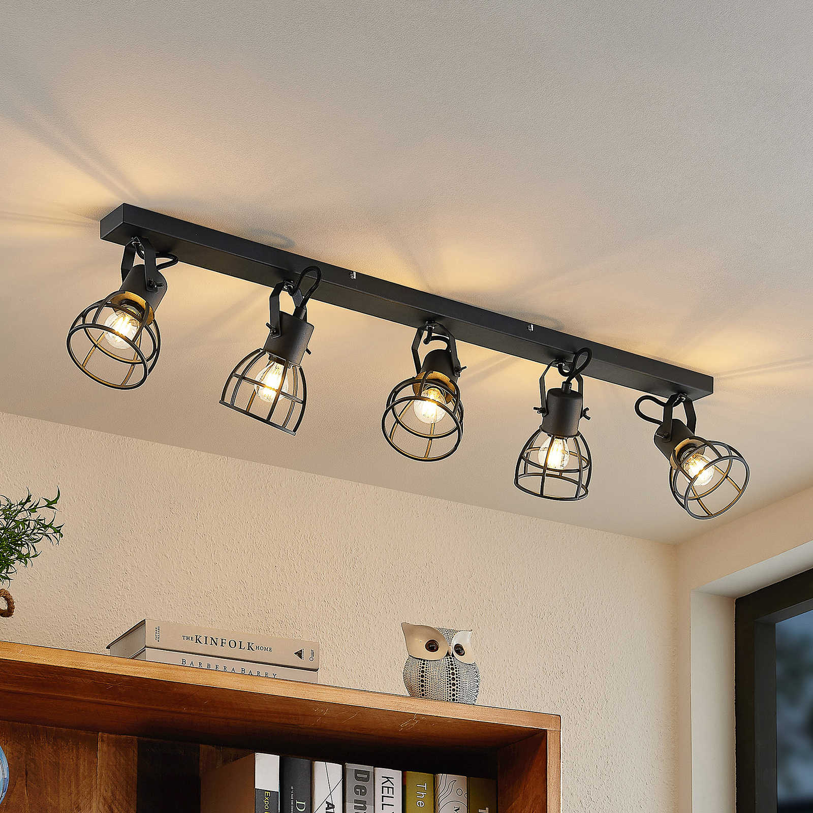 Lindby Flintos kooi-spot, 5-lamps, zwart