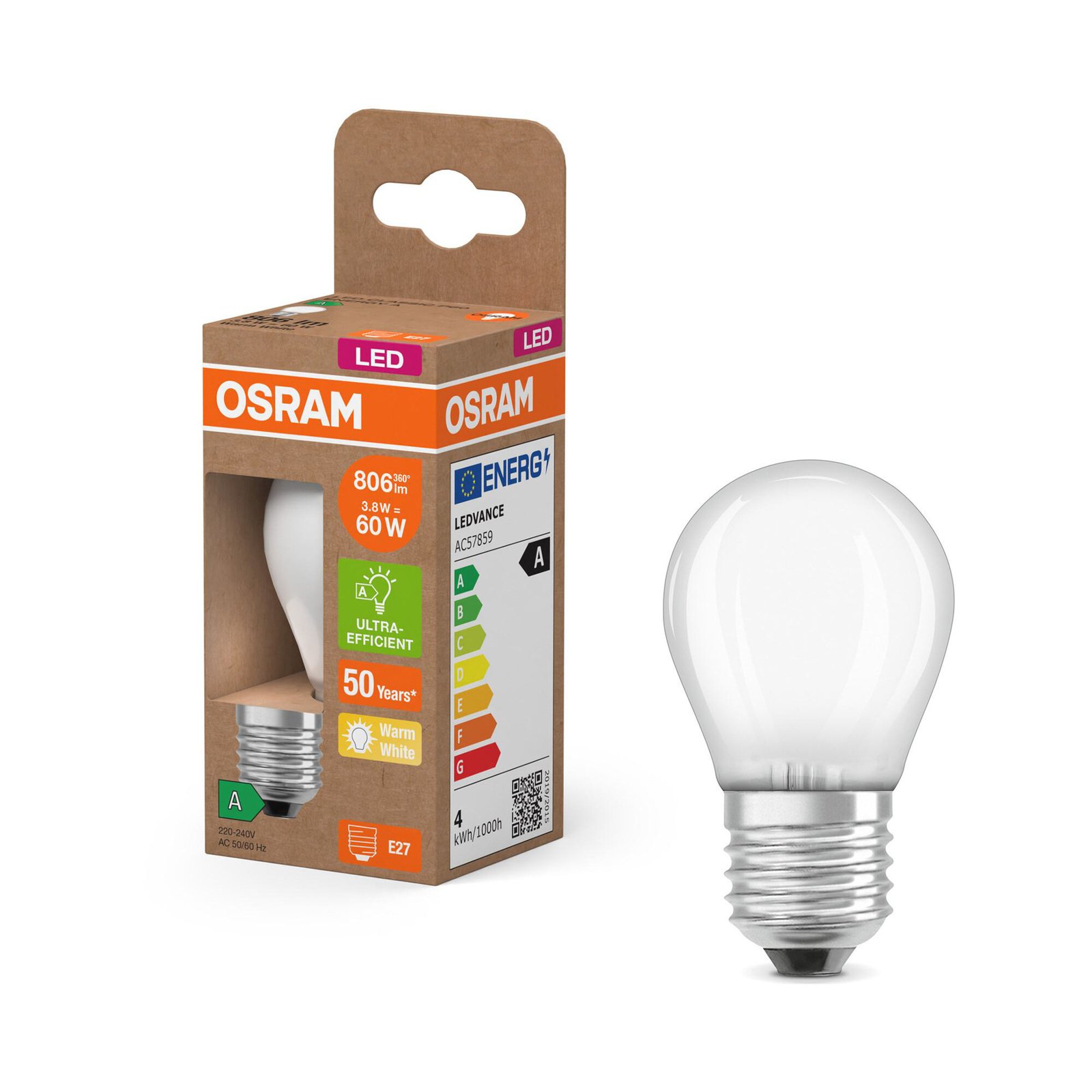 OSRAM LED bec picătură mat E27 3.8W 2700K 806lm