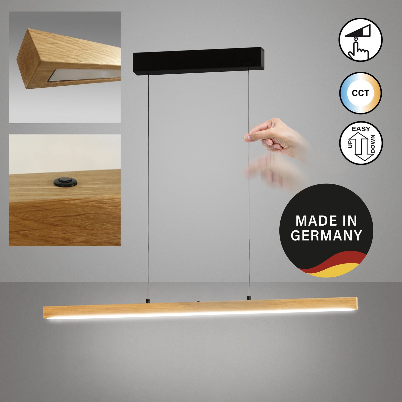 LED hanglamp Shine-Wood, lengte 105 cm, eiken/zwart CCT