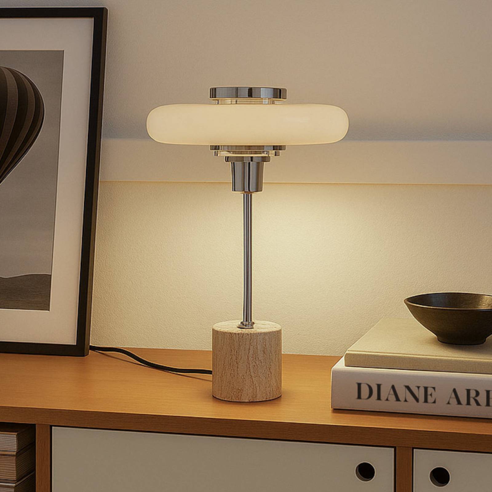 Lindby Lampa stołowa Branford, retro, beżowa, metal/trawertyn
