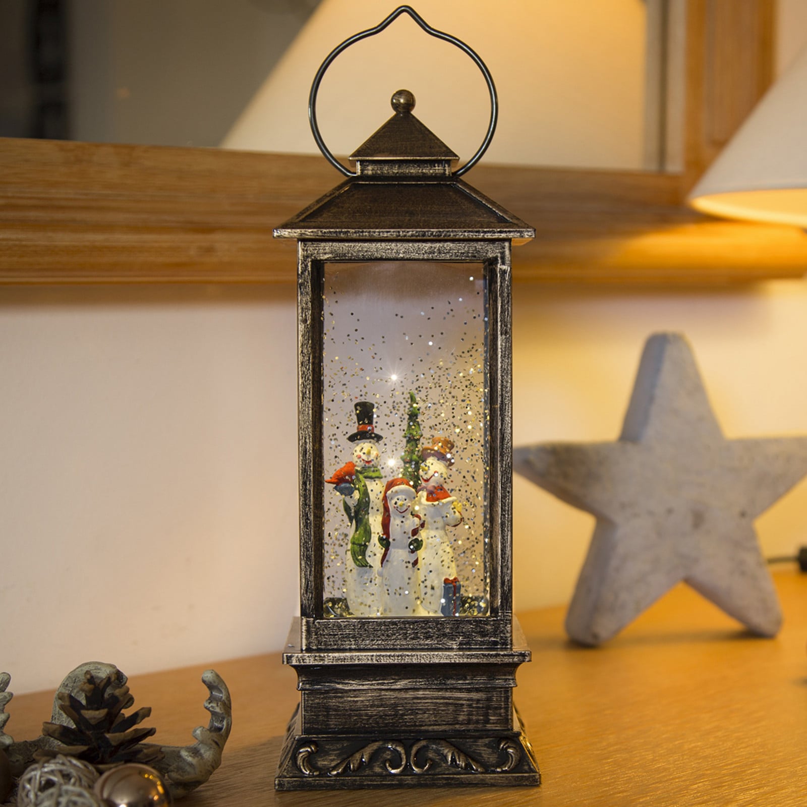 Konstsmide Christmas Lanterna de boneco de neve LED com enchimento de água e funcionamento a - Bronze / latão antigo - Metal