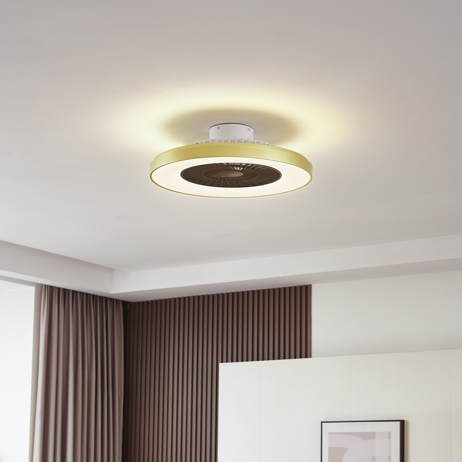 Lindby LED stropní ventilátor Teleo, mosaz, DC, tichý, Tuya