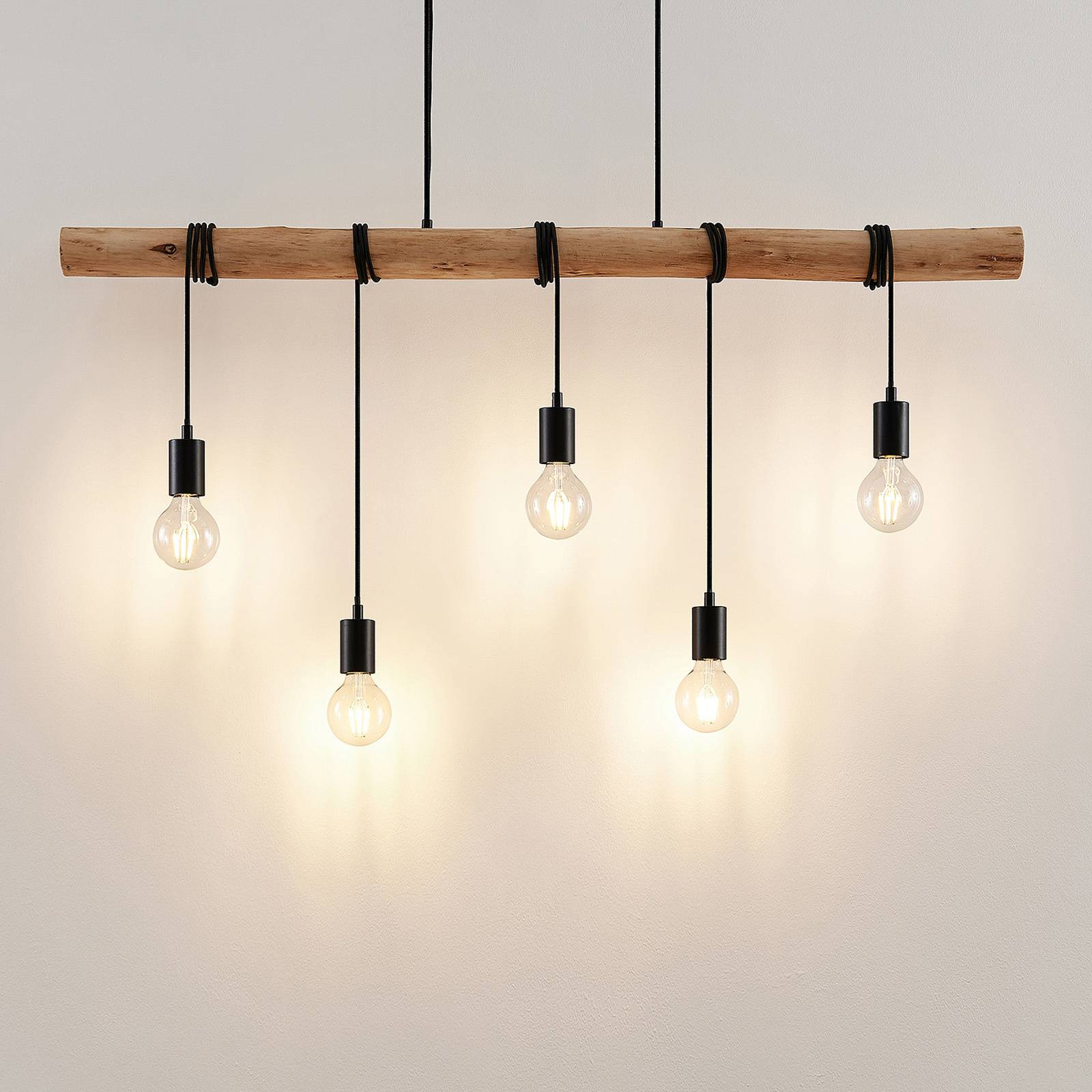 Lampa wisząca Rom Lindby, 5-punktowa, drewno, lina, czarny, 116 cm