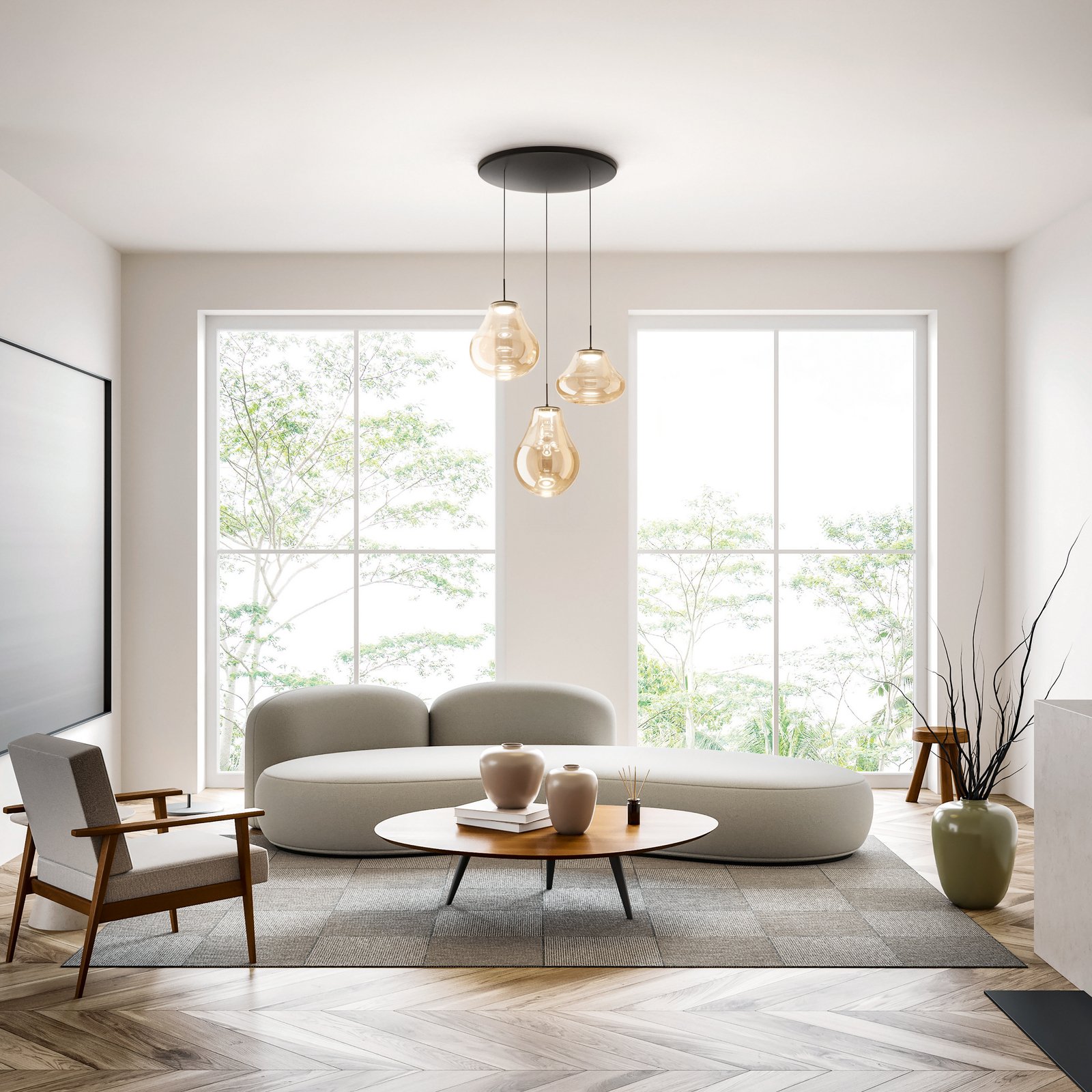 LED pakabinamas šviestuvas Deva, 3 lemputės, Ø 50 cm, gintaro spalvos, CCT,